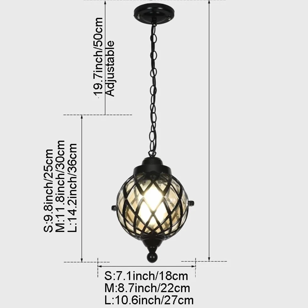 Europejskie oświetlenie wiszące, lampa wisząca w kształcie kuli, zewnętrzne oświetlenie wiszące do wejścia na ganek, przedsionek, hol(Black,H:14.2inch/36cm)