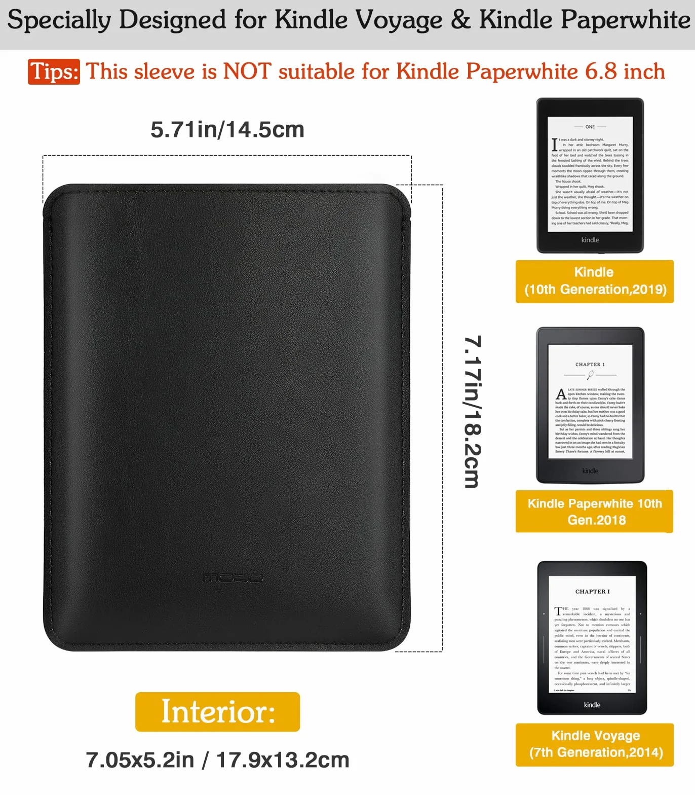 MoKo Sleeve Bag Fits with Kindle Voyage, Kindle Paperwhite 11th Gen 2021, All-new Kindle 2019, Ultra Slim Anti-scratch PU Leather Case Cover Soft Felt Lining Protective Insert Carrying Pouch, Black