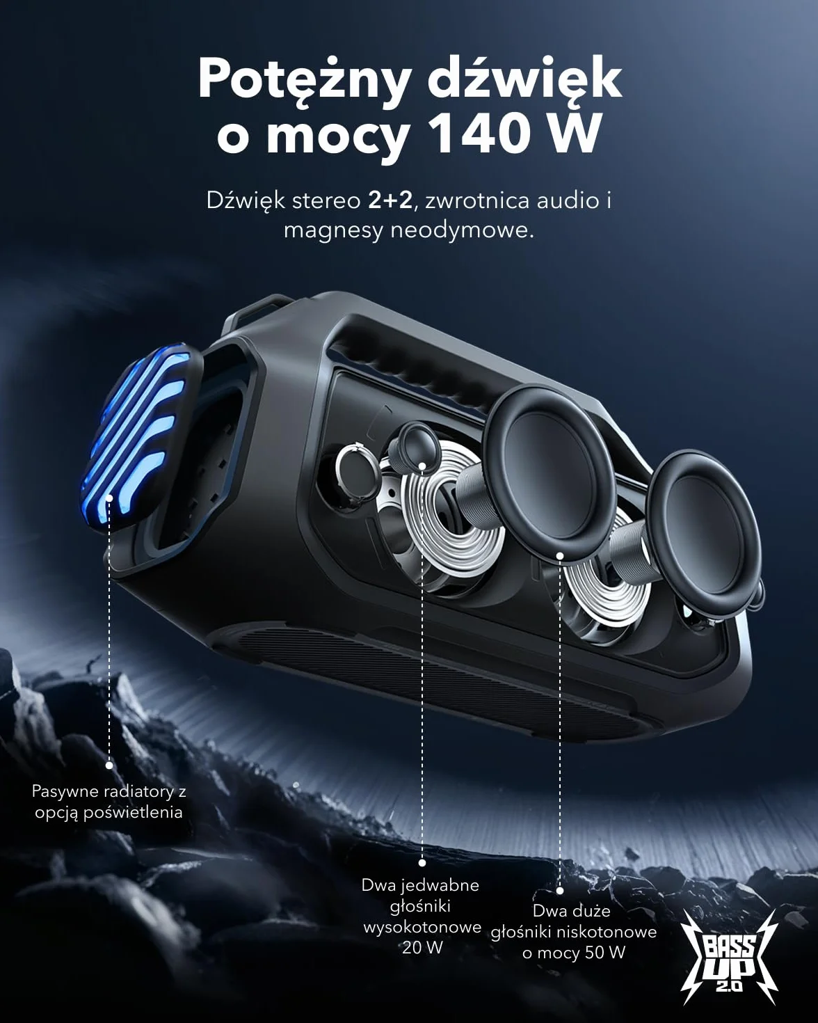 soundcore Anker Głośnik outdoorowy Boom 2 Plus 140W BassUp 2.0 szybkie ładowanie 30W wodoodporność IPX7 Czarny