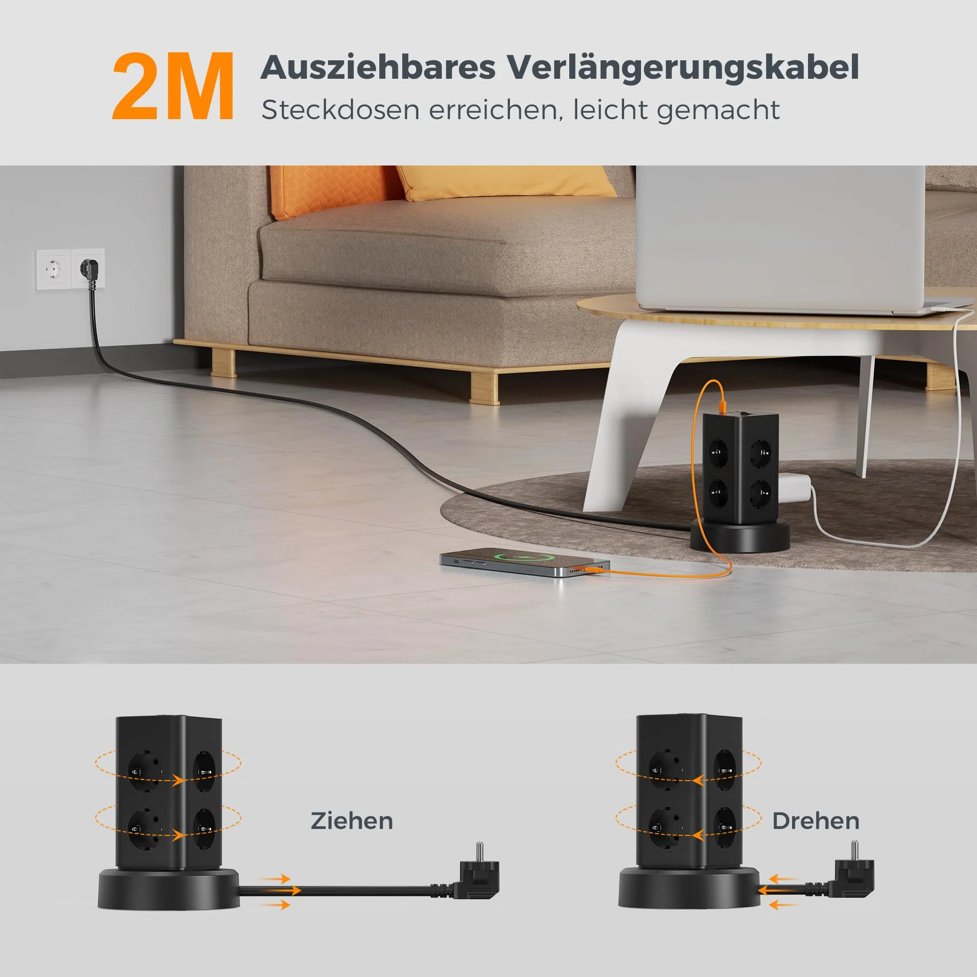 TESSAN Wieża Gniazdkowa z USB C, 8 Gniazd, Przewód 2M, Wyciągany Przewód, Przełącznik
