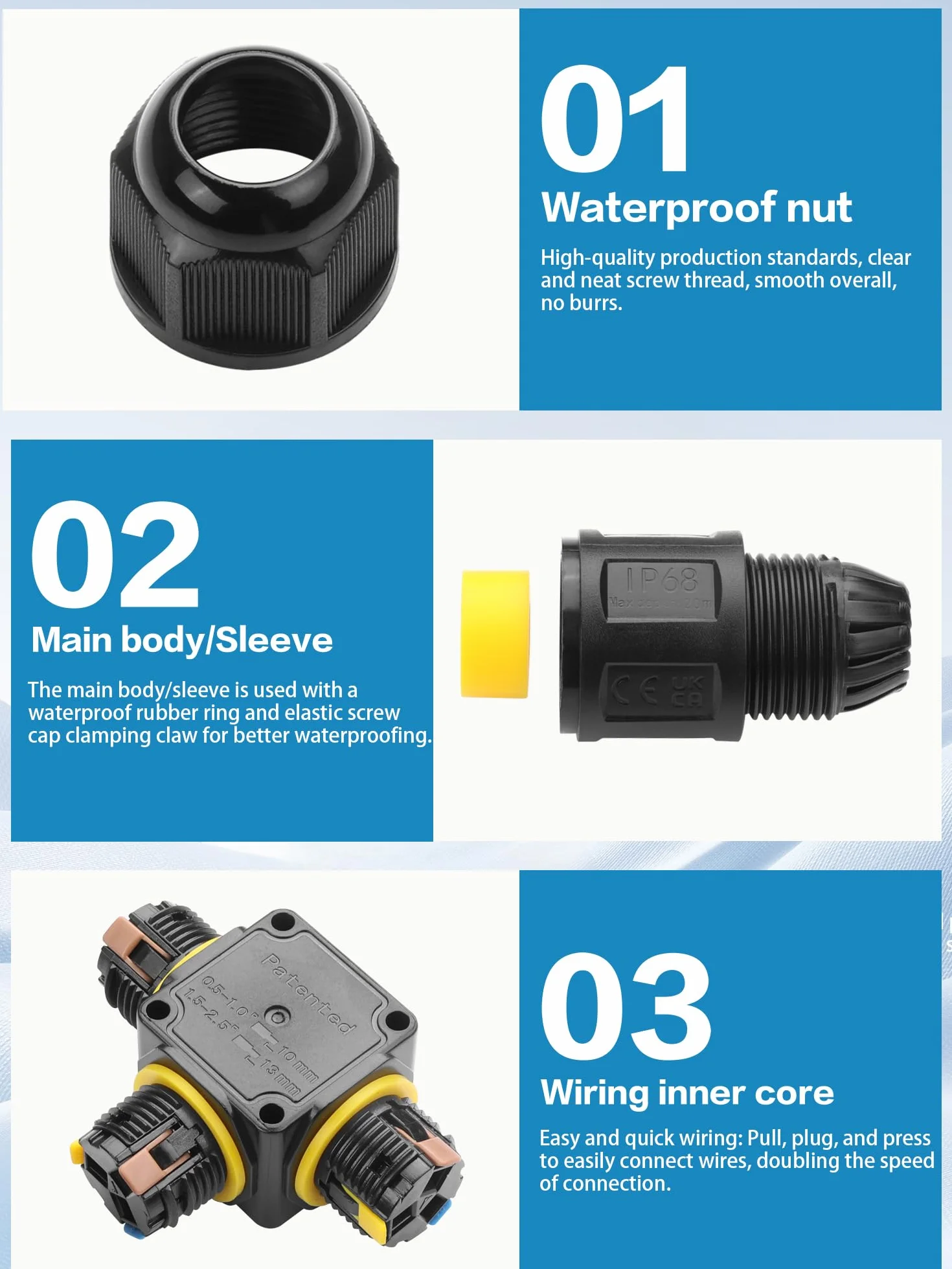 YACSEJAO 3-biegunowe złącze wtykowe IP68, 2/3/4-drożne, zewnętrzne gniazdo przyłączeniowe do kabli M20 4-8 mm lub 6-11 mm, wodoszczelna puszka rozdzielcza kabla ziemnego (3-biegunowa i 3-drożna)
