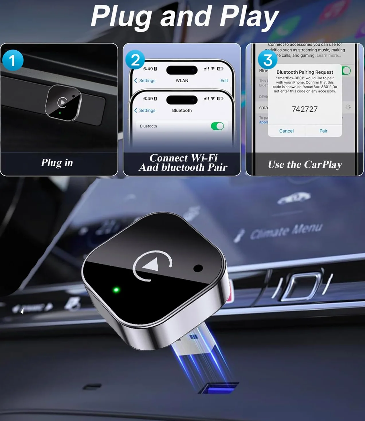 Bezprzewodowy adapter CarPlay 2025 Android samochodowy mini stabilny klucz sprzętowy iOS 10 Android 11 czarny