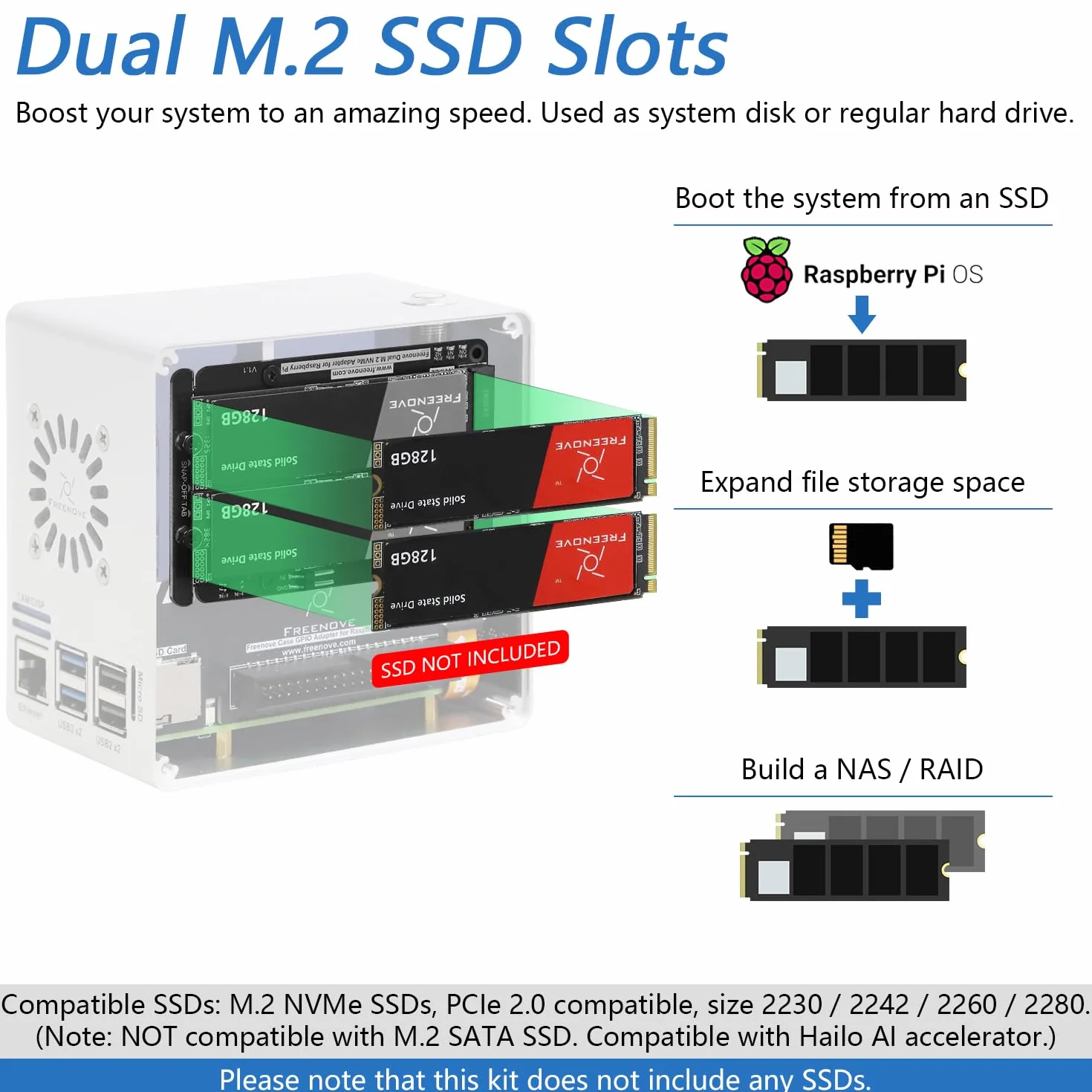 Freenove Mini Case for Raspberry Pi 5, Dual M.2 NVMe SSD Slots, PWM ARGB Fans, CPU Tower Cooler
