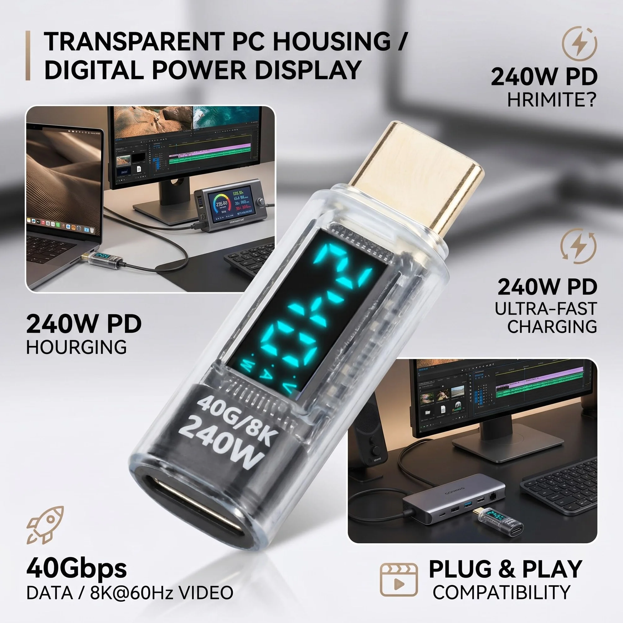 Tester Miernika Mocy Adaptera USB C PD240W 60 Hz 40 Gb/s 8K Wykryj Napięcie Prądu