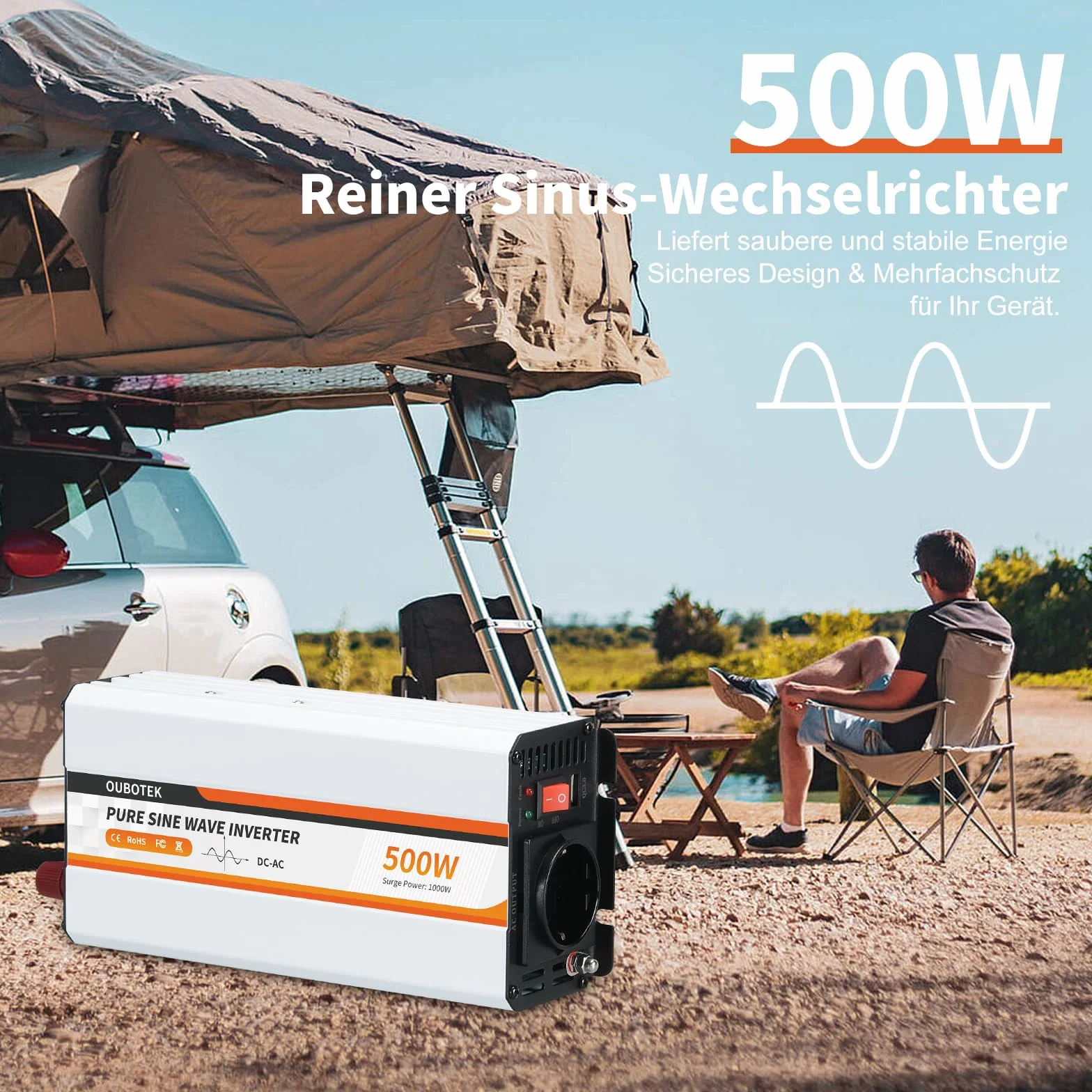 Falownik 500 W / 1000 W, przetwornica napięcia 12 V na 230 V, czysty sinus, samochodowy przetwornik napięcia z przyłączem USB i gniazdami EU, do kampera, samochodu, solarnego
