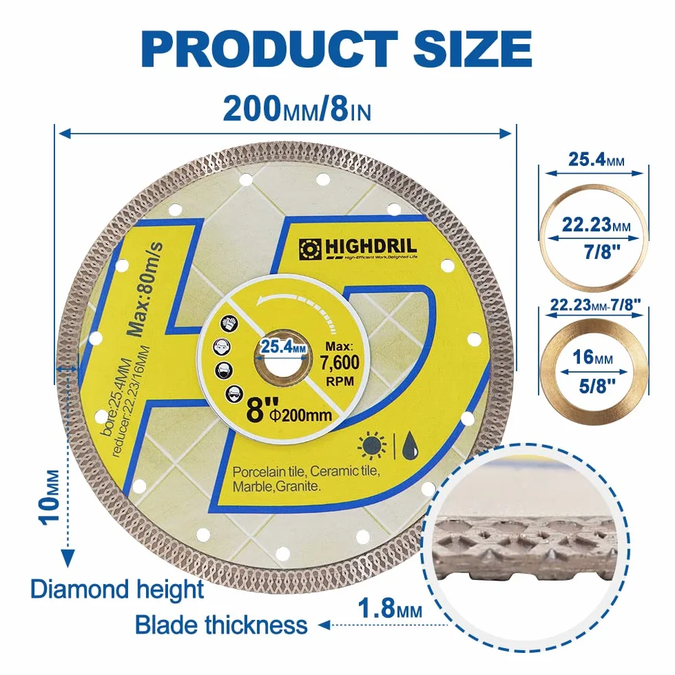 HIGHDRIL Diamentowa tarcza do cięcia – 5 sztuk 200 mm diamentowa tarcza do cięcia płytek porcelanowych płytek ceramicznych granitu marmuru do użytku na sucho lub na mokro tarcza do piły tarczowej z Turbo X Mesh