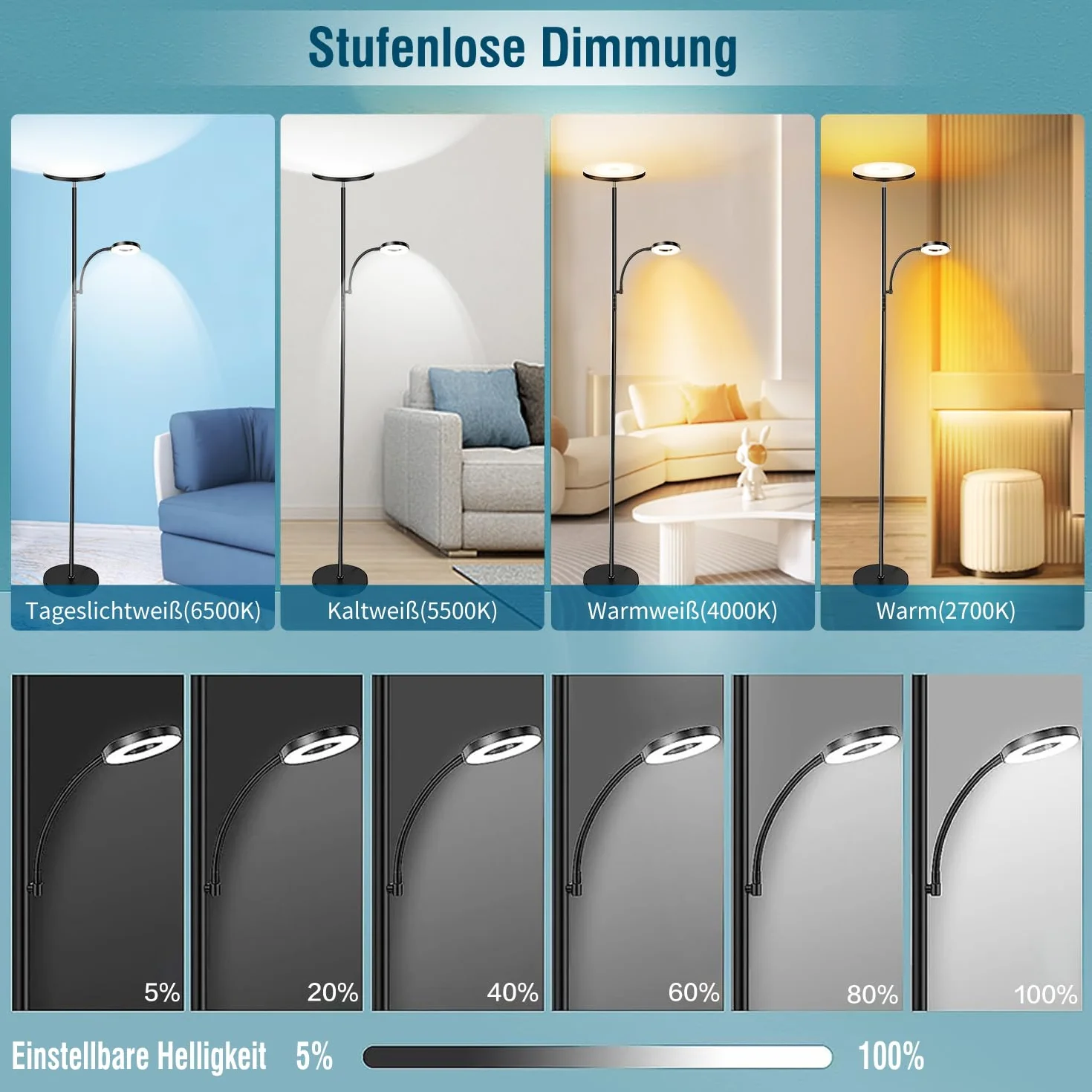 Lampa podłogowa LED 42W 4500 lm super jasna stojąca salonu, 2700 K-6500K lampy podłogowe do czytania z pilotem i sterowaniem dotykowym, wysoka lampa podłogowa do salonu, sypialni, biura