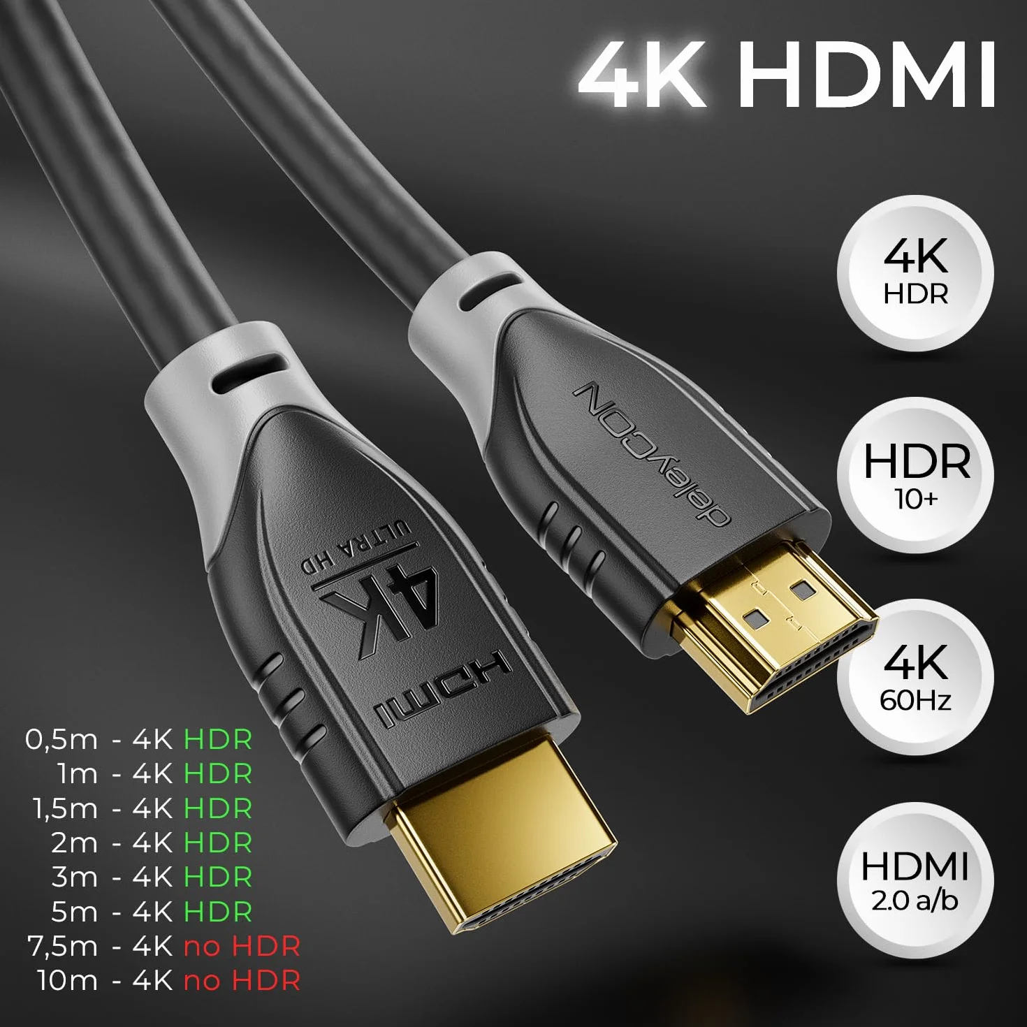 deleyCON Kabel HDMI 1m 4K@60Hz 2K@165Hz ARC Ethernet 18Gbps Czarny Szary