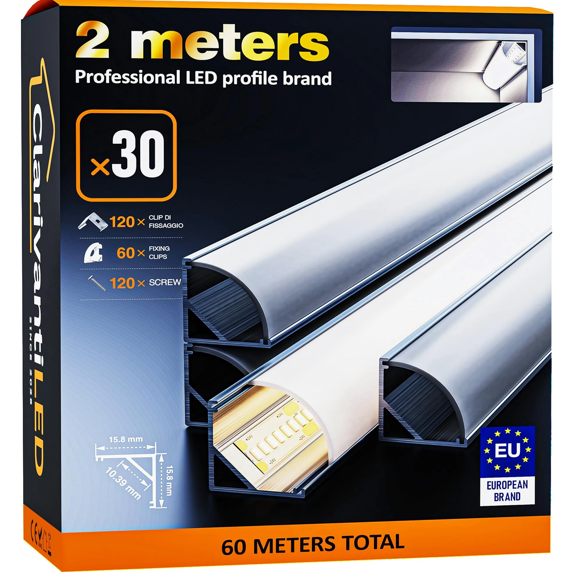 Profil aluminiowy LED, 2 m x 30 mm, profil aluminiowy do taśm LED/taśm, profil narożny 45 stopni, kanał, dyfuzor z mleczną białą pokrywą, zaślepki, klipsy montażowe, profil L z tworzywa