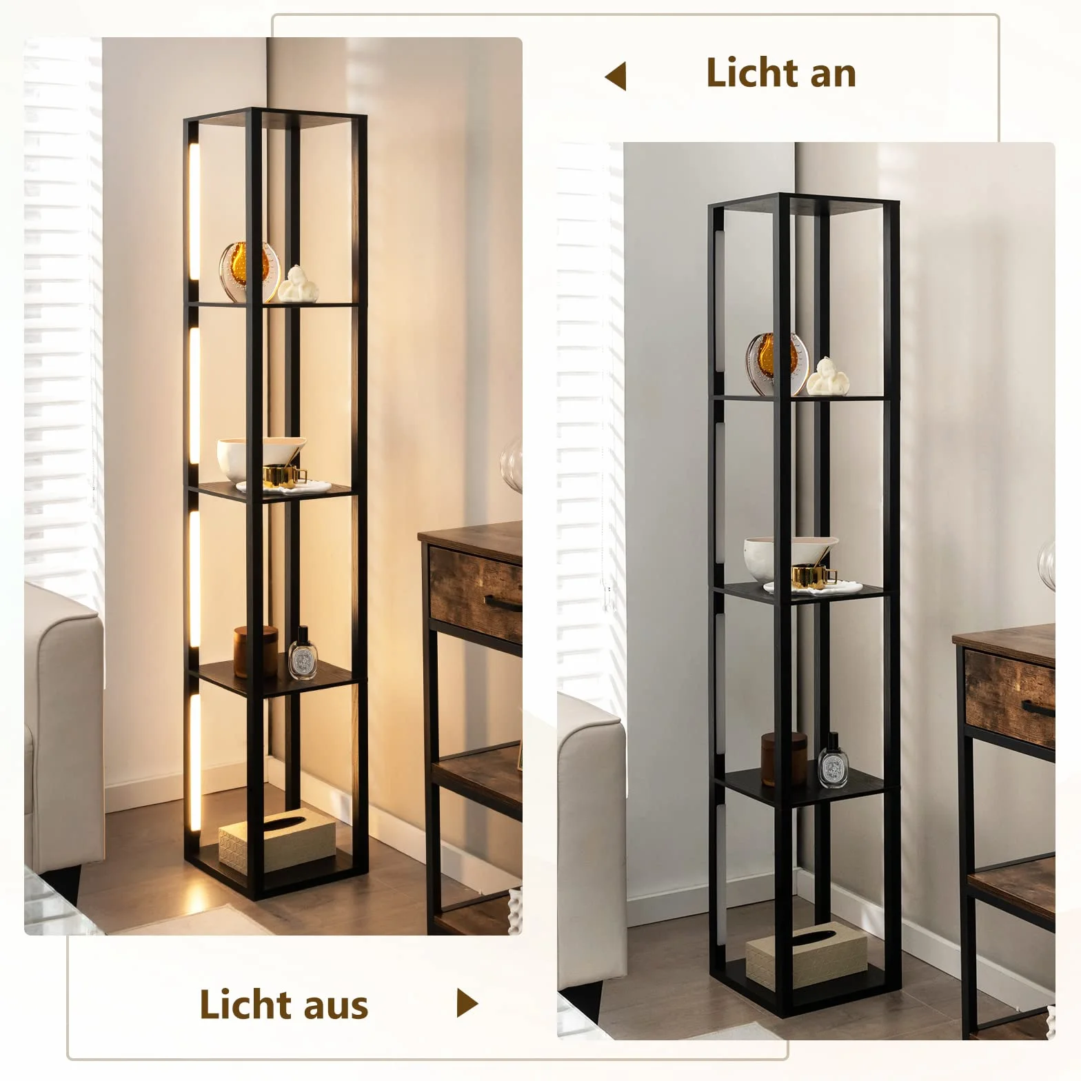 COSTWAY Lampa stojąca 163 cm, nowoczesna, regał do odkładania z 3-stopniowymi ściemnianymi diodami LED i obrotowymi drążkami, lampa stojąca z przełącznikiem nożnym do salonu, sypialni, czarna