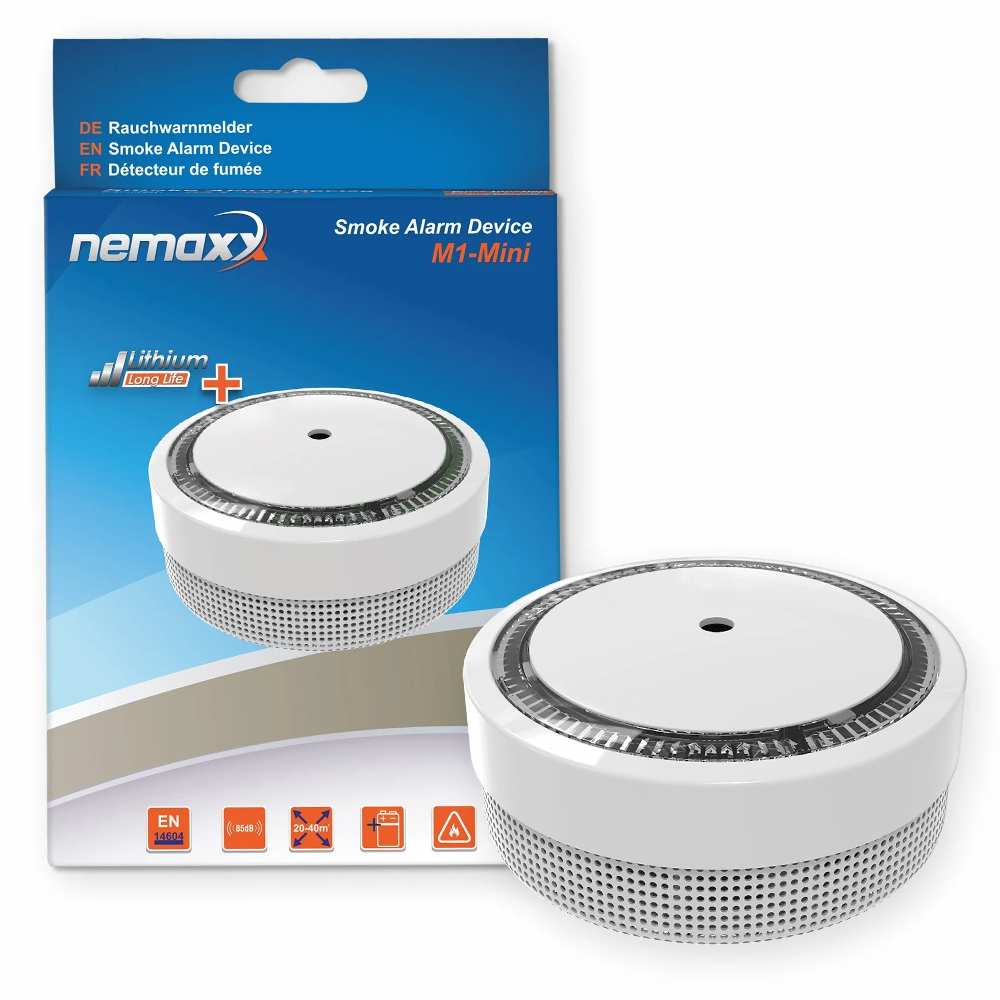 Nemaxx M1-Mini Czuły fotoelektryczny czujnik dymu z akumulatorem litowym DC3V Zgodny z DIN EN14604, srebrny/biały/złoty, M1NX
