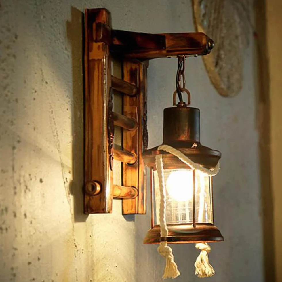 Retro Drewniana Lampa ścienna Kinkiet Schodowy Kreatywna Bambusowa Lampa Wisząca Vintage Konopna Lina Rustykalny Kinkiet Szklany klosz Kinkiety Do Sypialni Restauracja Hotel Korytarz Jadalnia