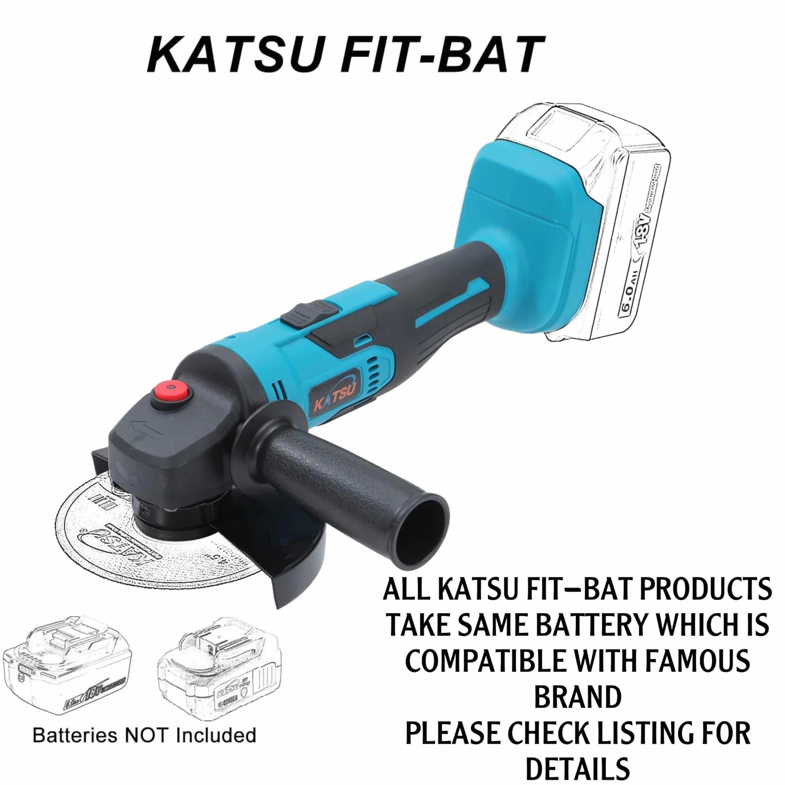 KATSU FIT-BAT 102604 Akumulatorowa szlifierka kątowa 21 V, 115 mm, 125 mm, kompaktowy rozmiar, do cięcia, szlifowania, polerowania i ostrzenia, akumulatory nie są dołączone