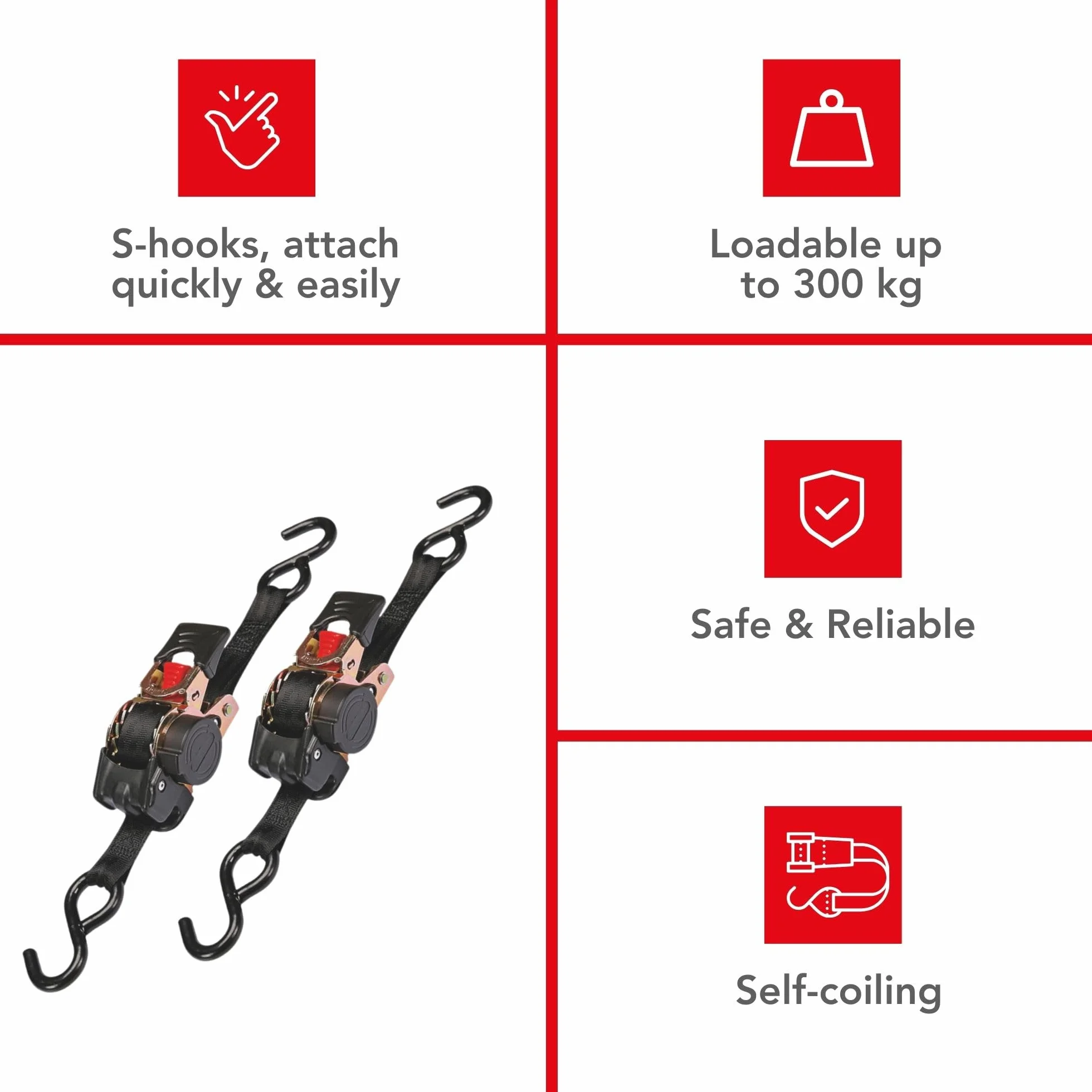Toolland Zestaw pasów mocujących, 2 sztuki, dwuczęściowe, z grzechotką i hakami w kształcie litery S, samozwijające się, do zabezpieczenia ładunku, max. 300 kg, poliester, pomarańczowy, 3 m x 25 mm, 1