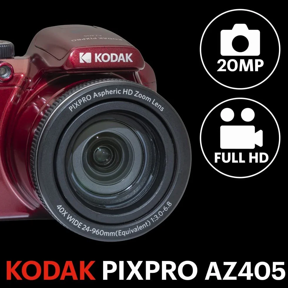 KODAK Pixpro Astro Zoom AZ405 cyfrowy zoom mostkowy 40x 24mm 20MP Full HD 1080p OIS czerwony