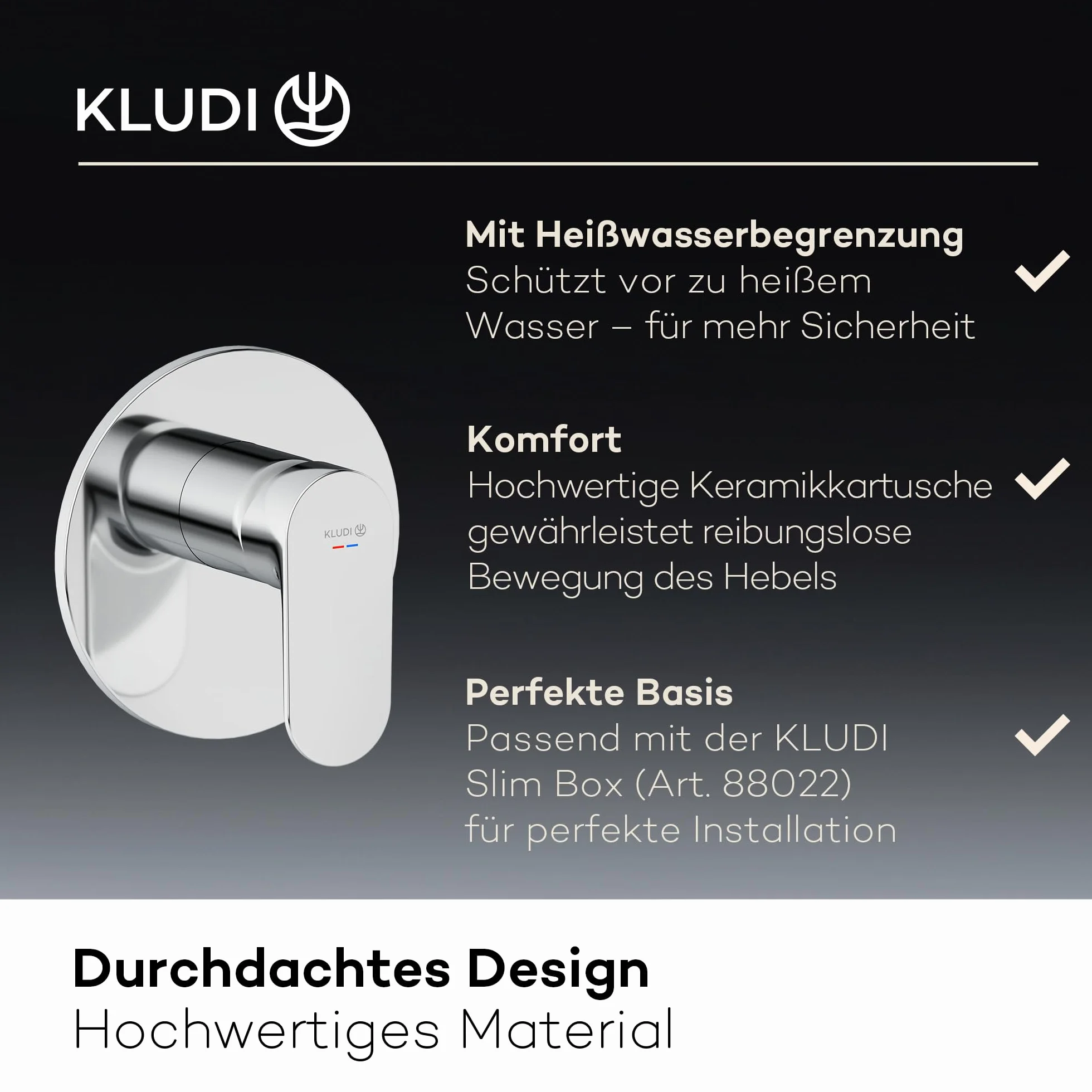 KLUDI -X1 podtynkowa armatura prysznicowa z ogranicznikiem ciepłej wody, bateria prysznicowa z wysokiej jakości ceramicznym wkładem do łazienki, chrom, wymagane akcesoria KLUDI Slimbox (art. 88022)