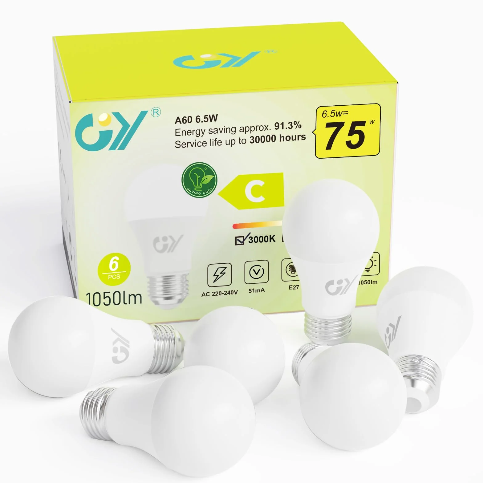GY Żarówka E27 LED 6,5W 1050LM, Ciepła Biel 3000K, Kąt Wiązki 280°, Nieściemniane, Matowe, CRI>80, Zastępuje Lampa Halogenowe 75W, Pakiet 6 Sztuk