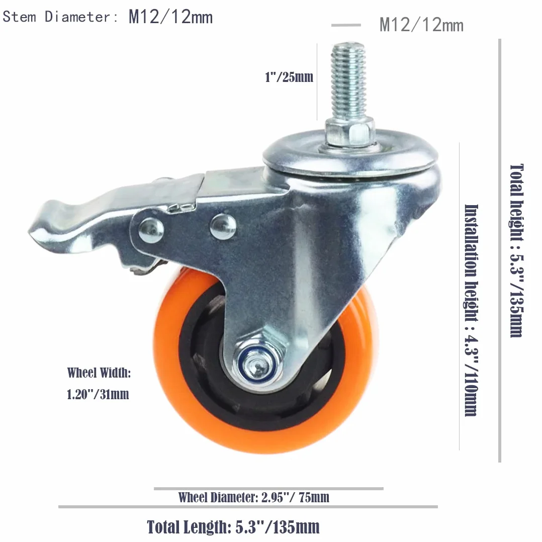 Wytrzymałe, obrotowe koła, 3-calowe żółte kółka z trzpieniem metrycznym M12-1,75x25 mm, podwójne hamulce, kółka bezpieczne do 1200 funtów/zestaw do przemysłu i mebli, zestaw 4 szt.