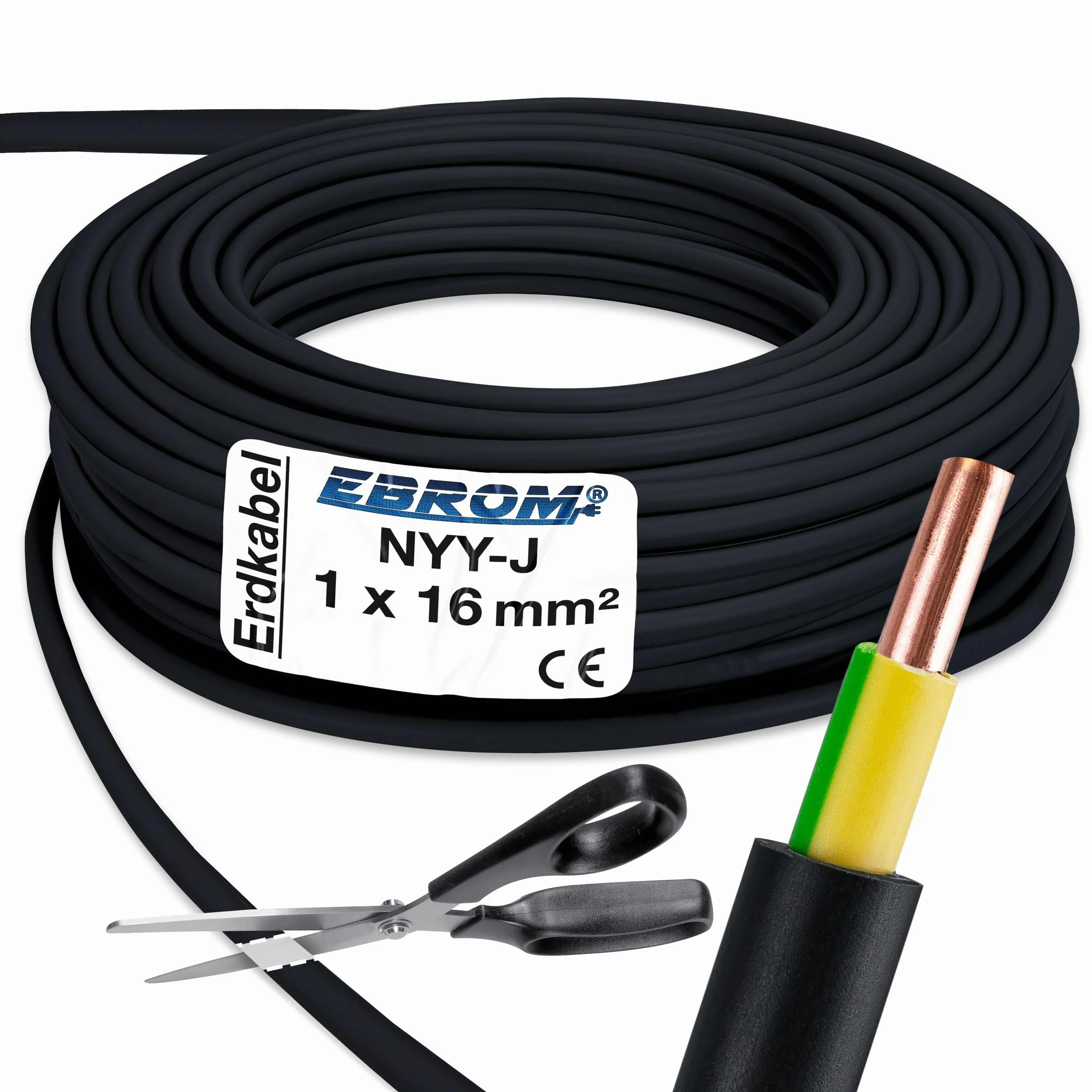 NYY-J kabel zasilający, 1 x 16 mm² czarny, duży wybór ilości, od 5 m, dostarczany w jednym kawałku