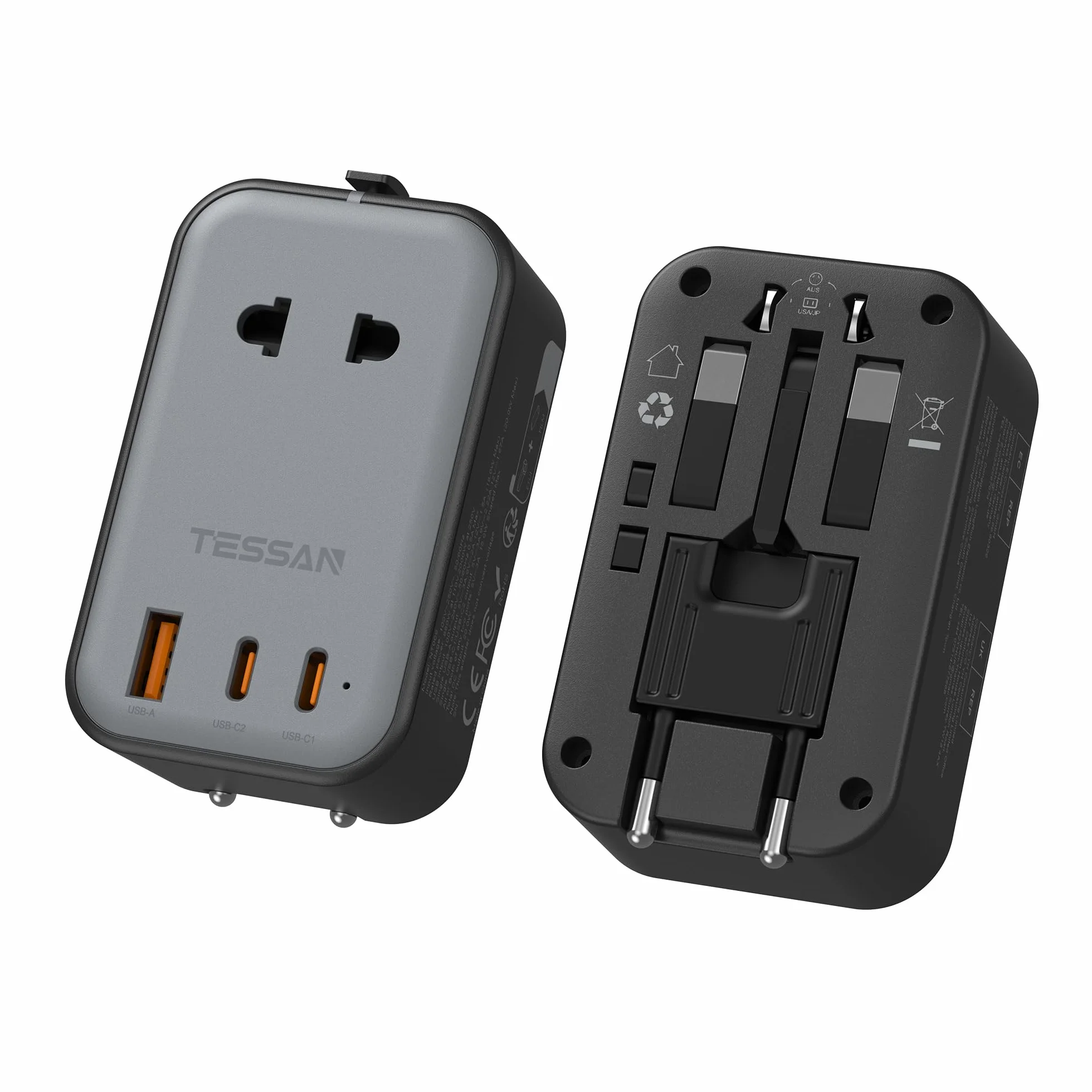 TESSAN Adapter podróżny USB C(20W), travel adapter worldwide z 2 USB C i 1 USB A, adapter USA, przejsciowka EU na UK, wtyczka do USA, Wielka Brytania, Japonia, Tajlandia, Australia, Chiny, Brazylia
