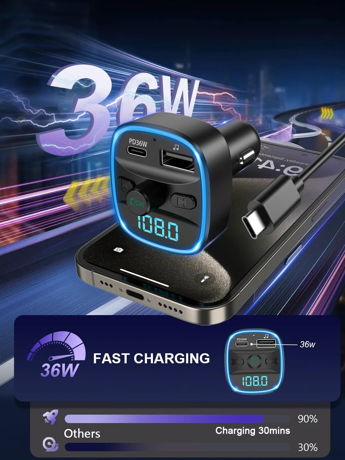 ORIA Nadajnik FM Bluetooth 5.3, adapter samochodowy z szybkim ładowaniem PD 36W, LED, zestaw głośnomówiący, TF, USB