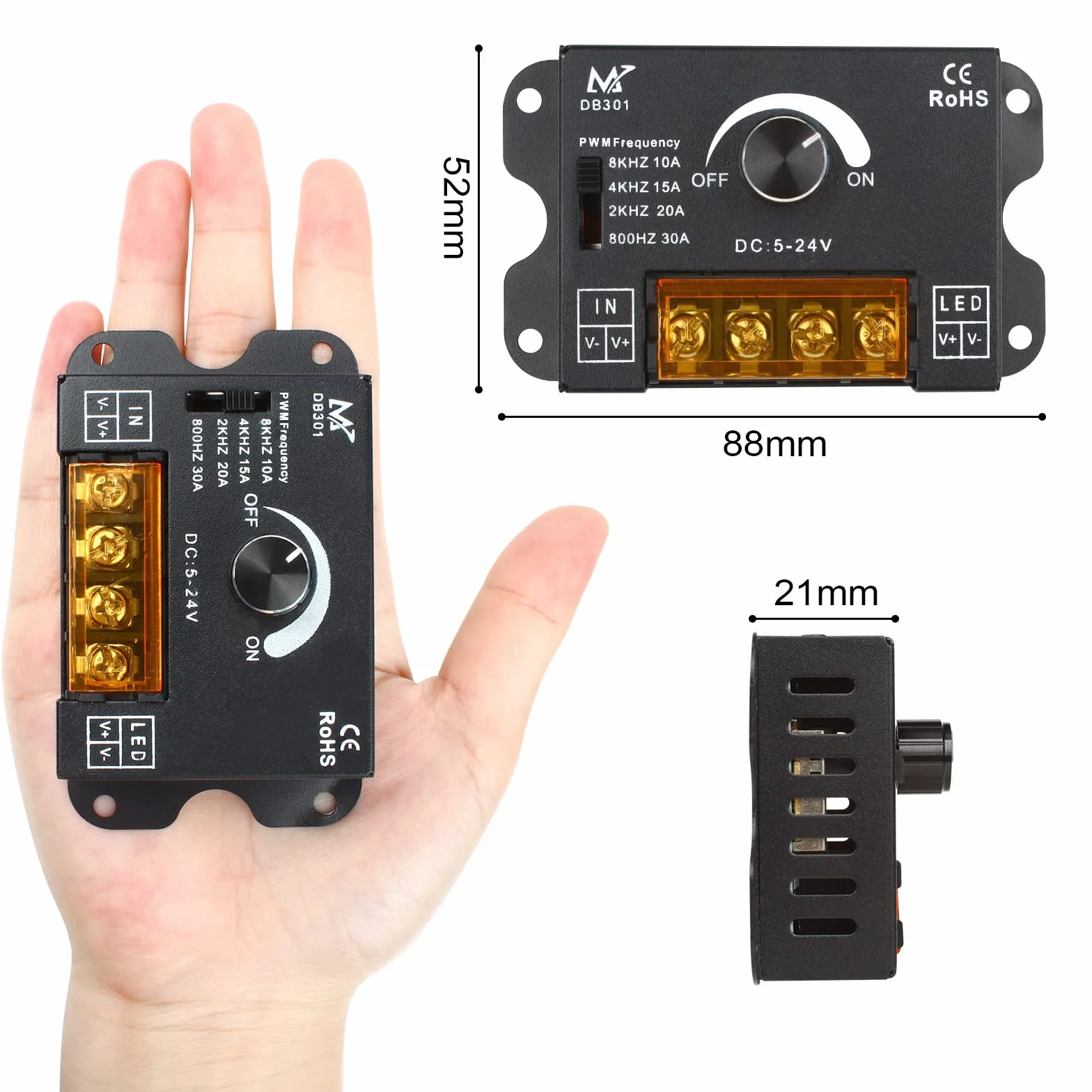 DC 5V/12V/24V 30A regulacja częstotliwości PWM regulacja ściemniania, monochromatyczny przycisk regulacji jasności paska LED, metalowy ściemniacz paska świetlnego LED (monochromatyczny)