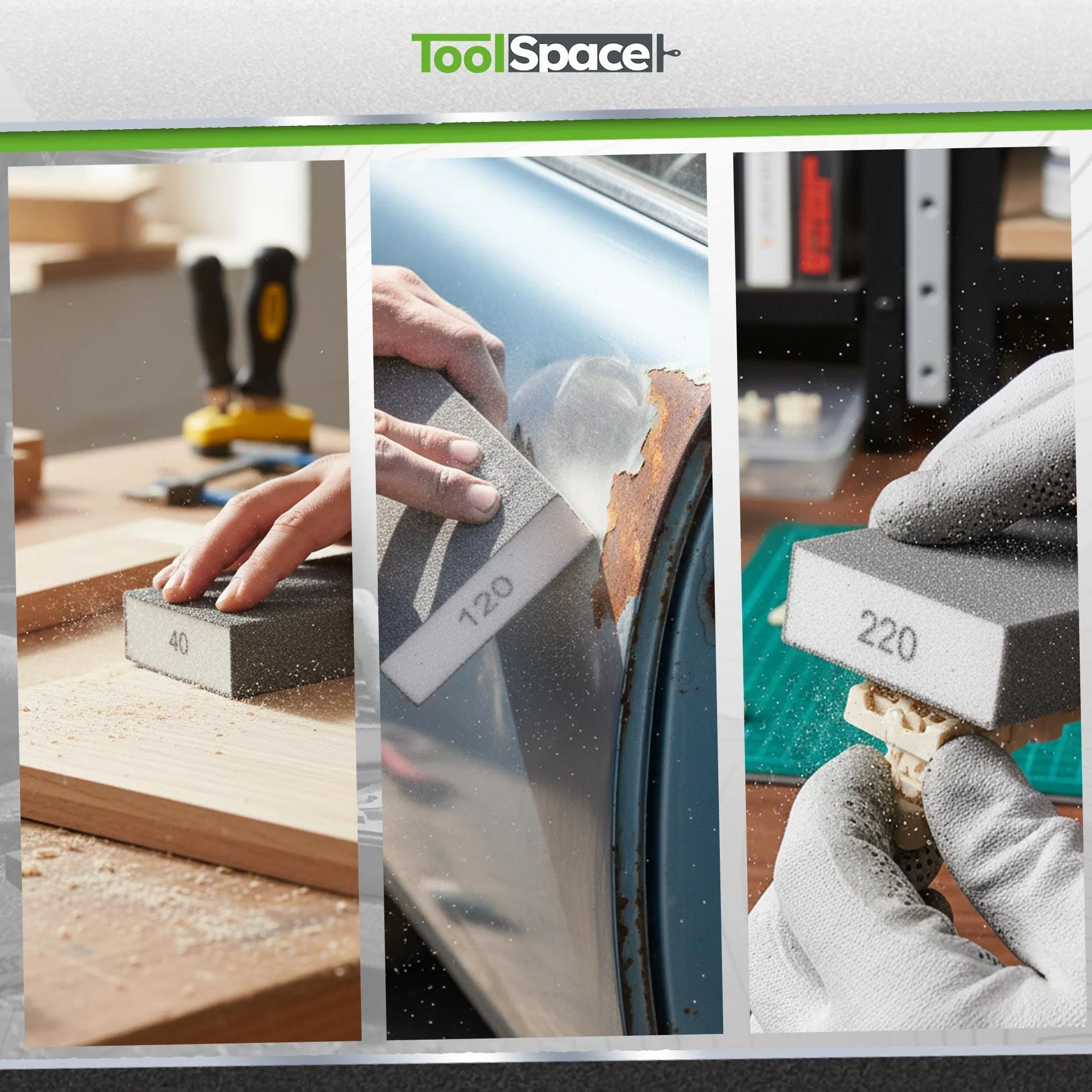 ToolSpace 6x Kostka ścierna Twarda gradacja 60 Gąbki Szlifierskie Set Gąbek Ściernych do Polerowania Ponowne Użycie Wysoka Trwałość Czyszczenia Wygładzenia Drewna Metalu Lakieru Tworzyw sztucznych
