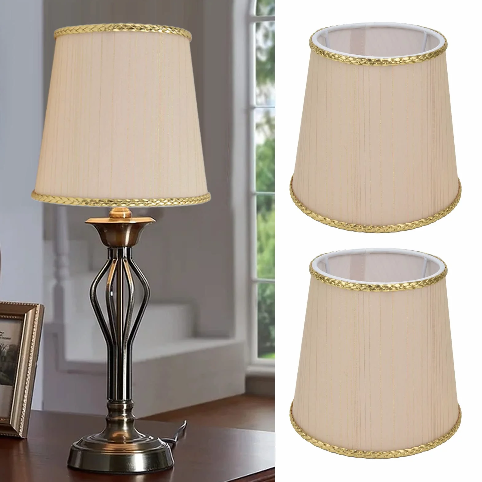 Mały Abażur, Materiałowy Abażur do Lampy Stołowej/podłogowej Mały Abażur Materiałowy Beżowy Abażur ze złotą krawędzią do Lampy Stołowej E14, Lampy Podłogowe