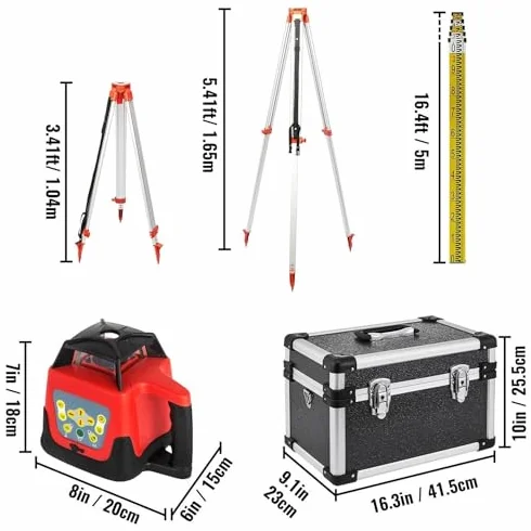 Poziomica laserowa, samopoziomująca, zasięg 360°–499 m, 5 prędkości obrotowych, 5 kątów skanowania, wodoodporność IP66, pilot zdalnego sterowania, ręczne samopoziomowanie