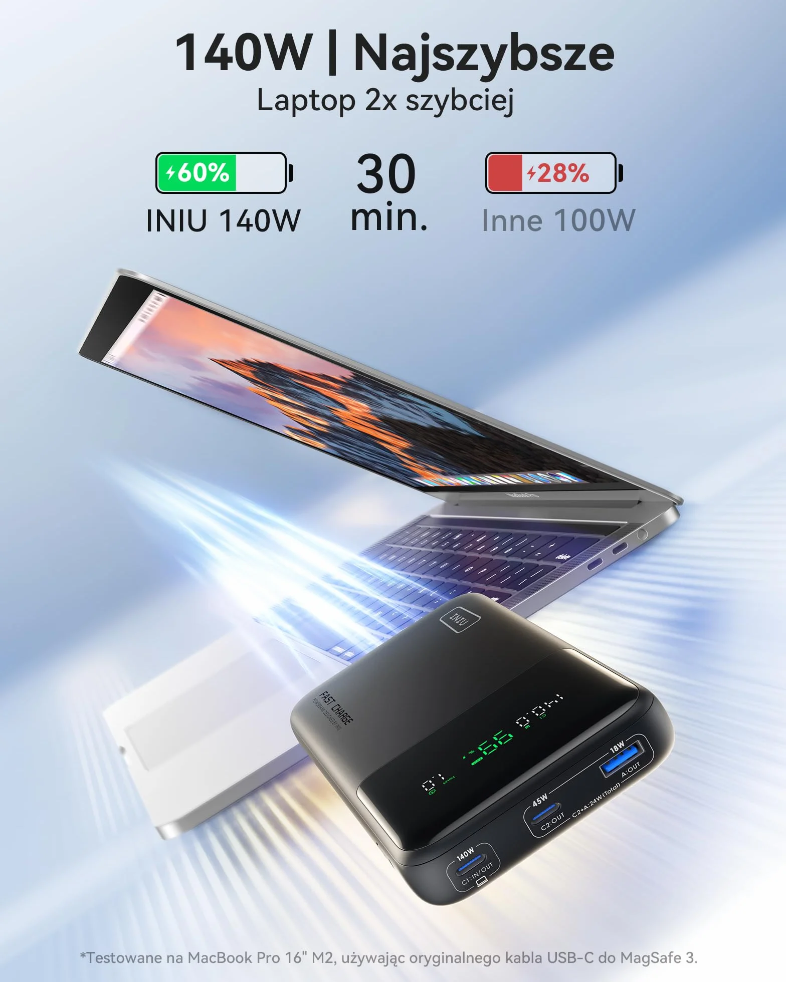 INIU Laptop PowerBank, Szybkie Ładowanie 140W 25000mAh, Mała Zewnętrzna Bateria do Telefonu Komórkowego z Wejściem i Wyjściem USB C do MacBook Pro, Surface, iPad, Kamery, DJI, iPhone 16 15 14 13 itp.