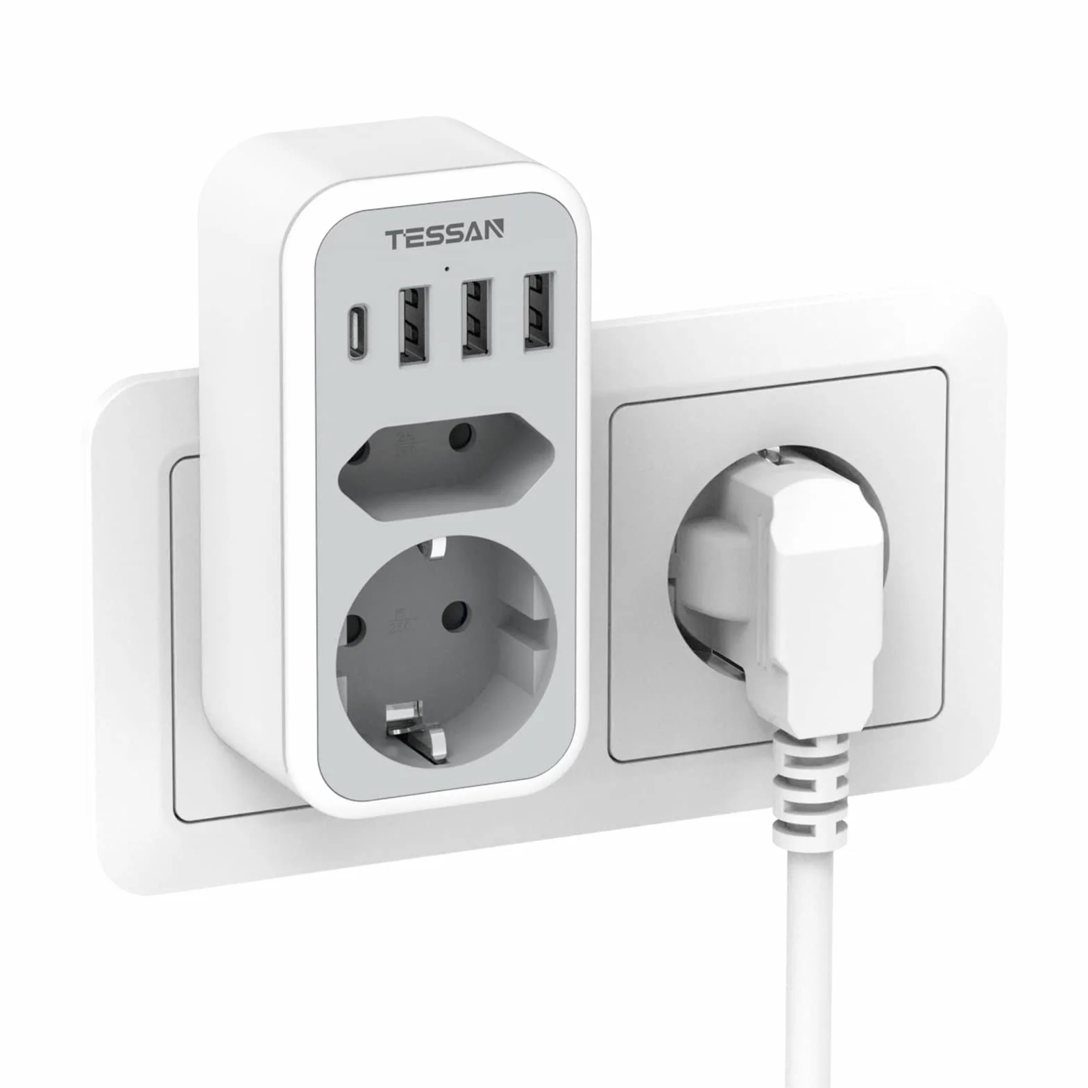 TESSAN Podwójna Wtyczka do Gniazda, Gniazdo Wielokrotne Gniazdo USB C, Adapter Gniazda 2 Drożny z 4 Wtyczkami Zasilającymi USB, Wielopunktowa Wtyczka do Gniazda i Adapter USB C, Szary