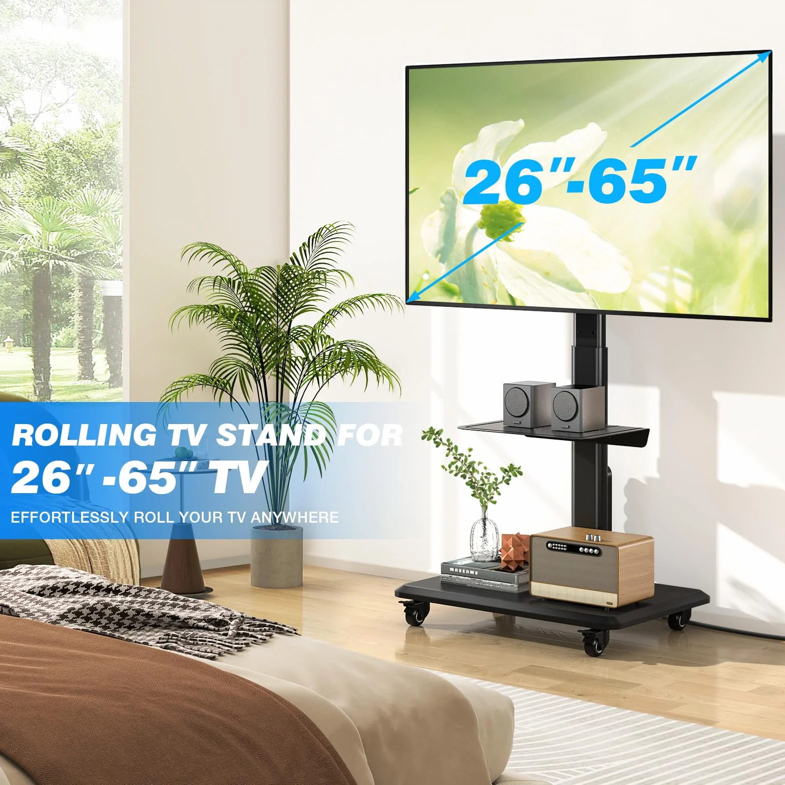 Mobilny stojak na telewizor na kółkach obrotowy z drewnianą podstawą 81.3–139.7 cm 400 x 400 mm