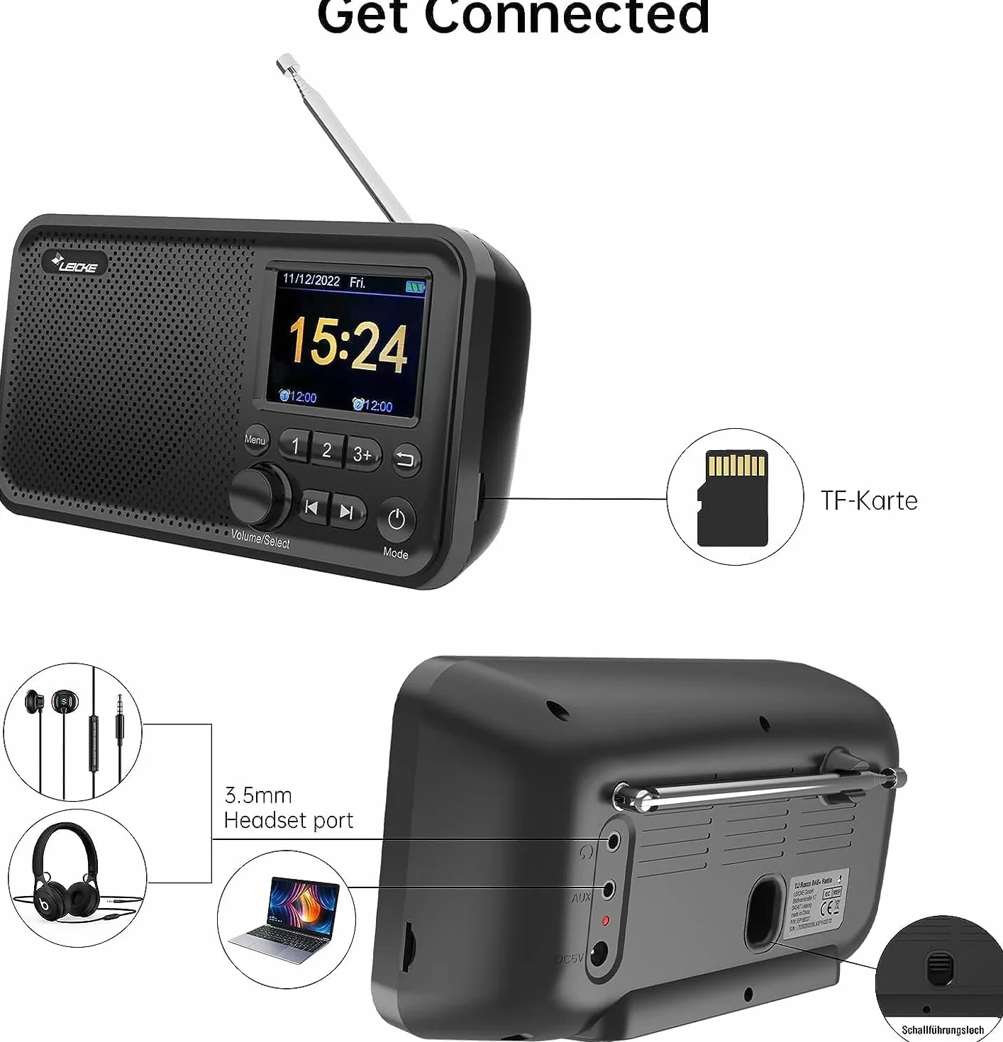 Leicke EP18227 Radio DAB+ Czarny 2000mAh 2.4"