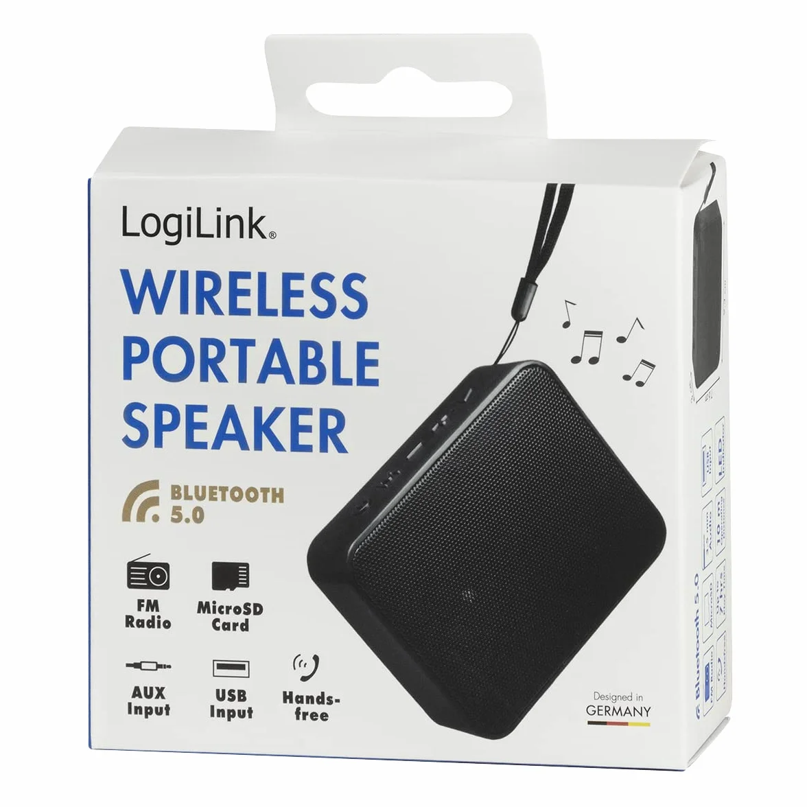 LogiLink SP0057 – kompaktowy głośnik Bluetooth 5.0 do odtwarzania muzyki (microSD, USB-A, AUX) i wbudowane radio FM, obsługuje tryb głośnomówiący, czarny