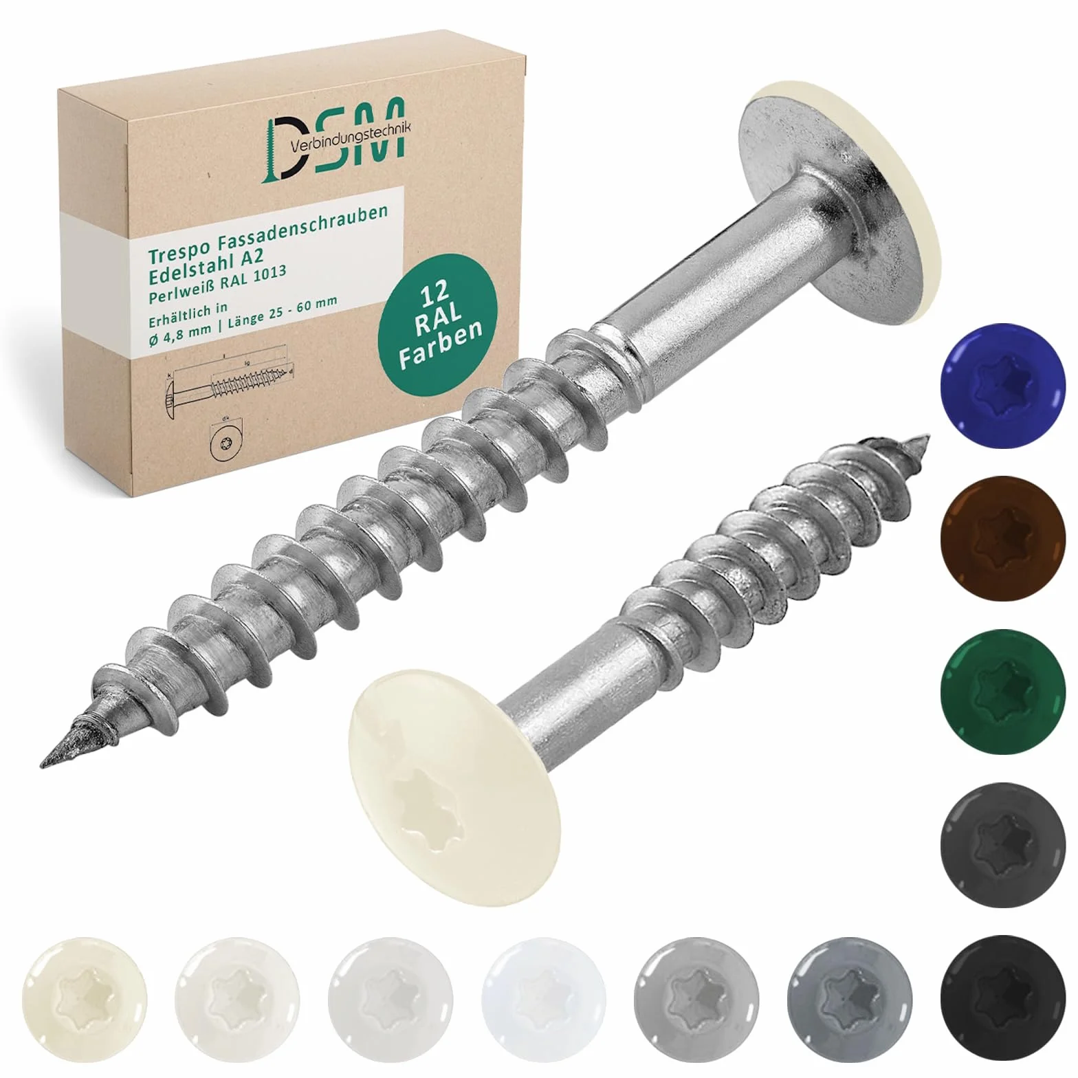 DSM | Śruby elewacyjne Trespo 4,8 x 25 mm | perłowo-białe RAL 1013 | stal nierdzewna A2 | płaska okrągła główka z napędem TX | samogwintujące i odporne na korozję | wkręty do drewna do płyt HPL | 50