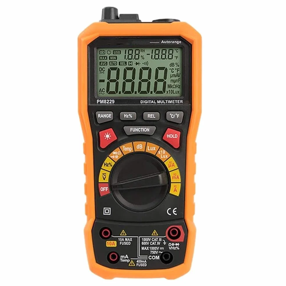 Multimetr Cyfrowy 5 w 1 PM8229, Woltomierz z automatycznym zakresem, Tester poziomu dźwięku częstotliwości temperatury i wilgotności