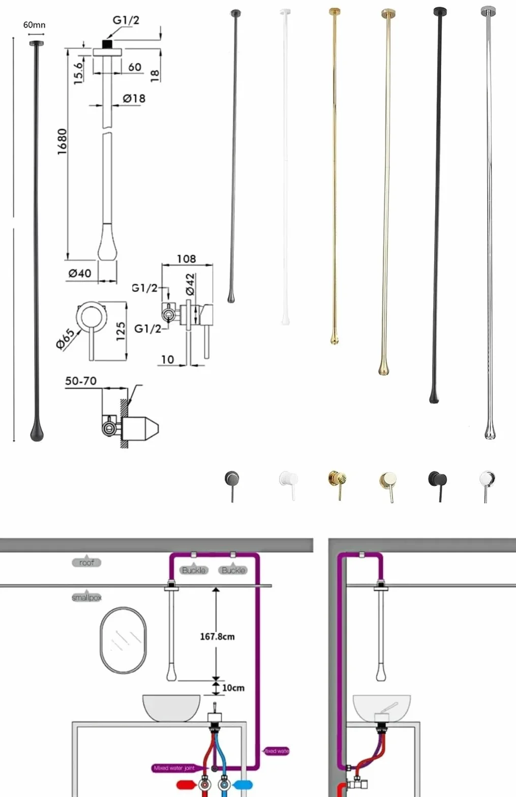 Bateria Sufitowa Water Drop Hang Do Umywalki Łazienkowej, Baterii Wannowej, Mosiężna, Z Mieszaczem Wody Ciepłej I Zimnej, Osprzęt Do Wanny, Montaż Ścienny W Kolorze Czarnym, Montaż Ścienny W Kolorze