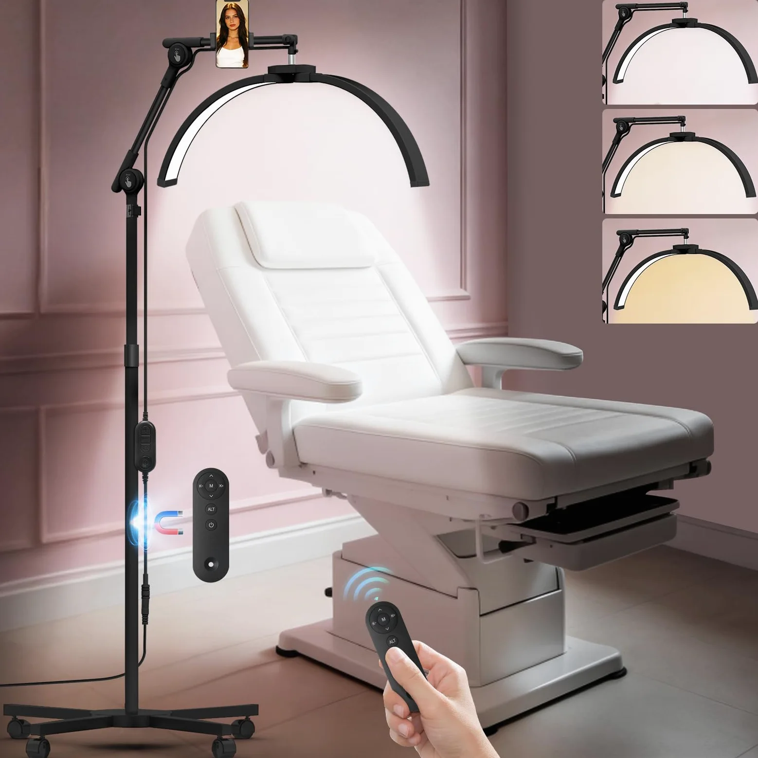 Diesisa Półksiężyc lampa stojąca do rzęs: przyciemniana lampa LED do rzęs z 4 kółkami – uchwyt na telefon komórkowy obracana o 360° głowica świetlna – regulacja wysokości – lampa kosmetyczna do