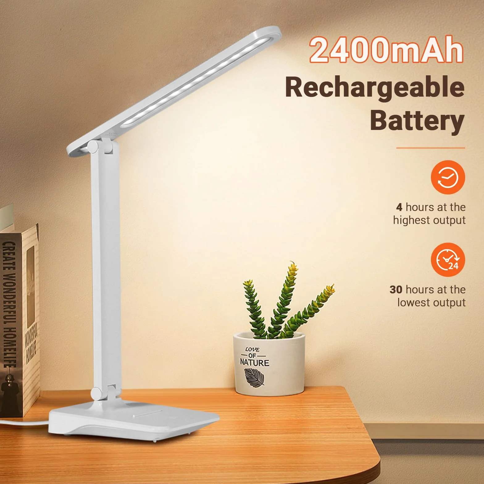 Diboniur Bezprzewodowa lampa biurkowa LED z baterią 2400 mAh, 3 tryby temperatury i regulacja jasności, 15-100%, składana, sterowanie dotykowe, ochrona oczu, do biura, dzieci