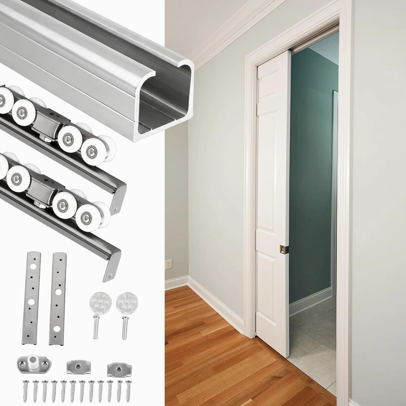 Zestaw Drzwi Przesuwnych Zestaw Wymiennych Elementów Do Prowadnic Drzwi Przesuwnych Do Szafy Z Górnym Mocowaniem, Aluminiowa Szyna Z Cichym, Podwójnym Kółkiem(Silver,208cm(82in))