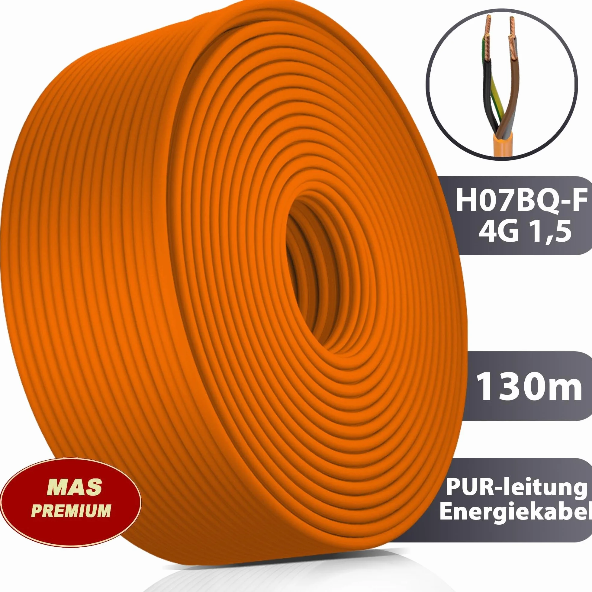 MAS-Premium® przewód PUR H07BQ-F 4G1,5, pomarańczowy, przewód przyłączeniowy do podłączenia urządzeń rolniczych lub komercyjnych, kabel budowlany (130 m)