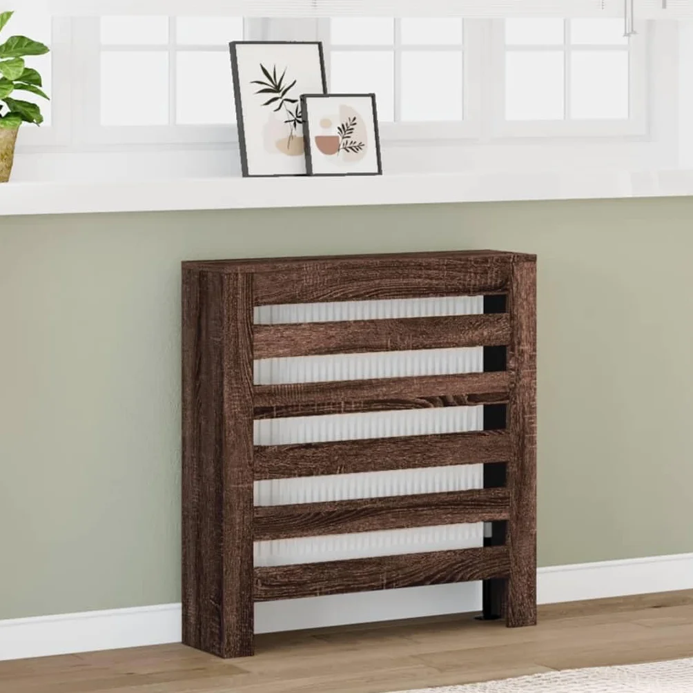 Pokrowiec na grzejnik, brązowy, dąb, 78 x 20 x 82 cm, designerska osłona chłodnicy, nowoczesna płyta MDF, pionowe listwy drewniane, dekoracyjna szafka do salonu, sypialni, przedpokoju, duża