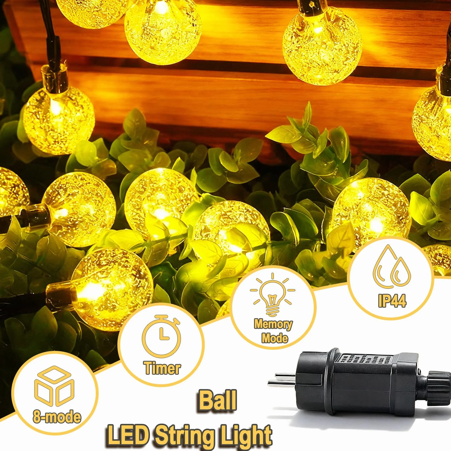 Łańcuch świetlny zewnętrzny 10 m, 100 diod LED, łańcuch świetlny z kryształową kulką, wodoszczelny, z wtyczką, 8 trybów pracy i timerem, do użytku wewnątrz i na zewnątrz, na balkon, do ogrodu