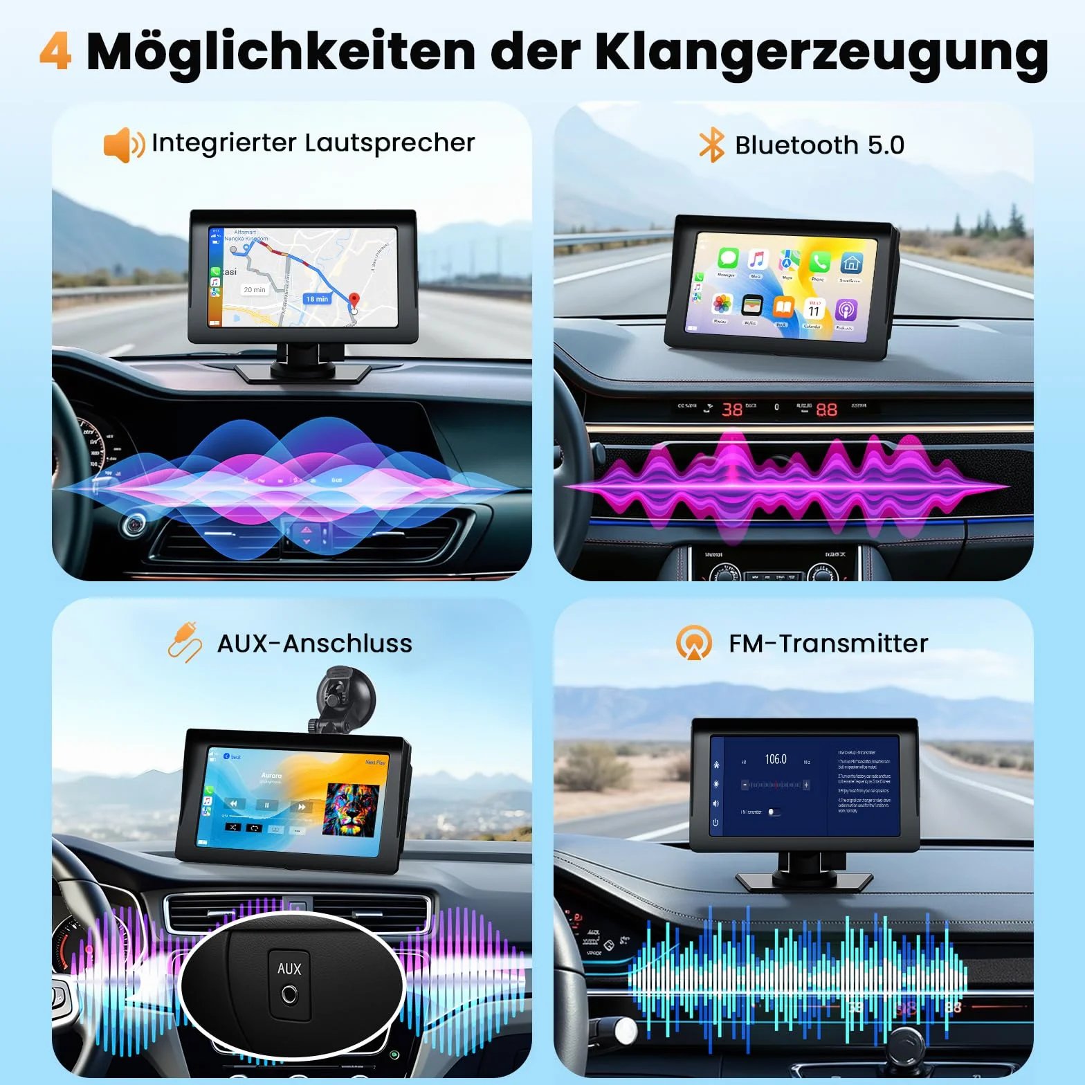 Volam Bezprzewodowy wyświetlacz Carplay Android Auto z 7-calowym ekranem dotykowym, ekran Car Play z nawigacją GPS, asystent głosowy, Mirror Link, Bluetooth 5.0, AUX, FM