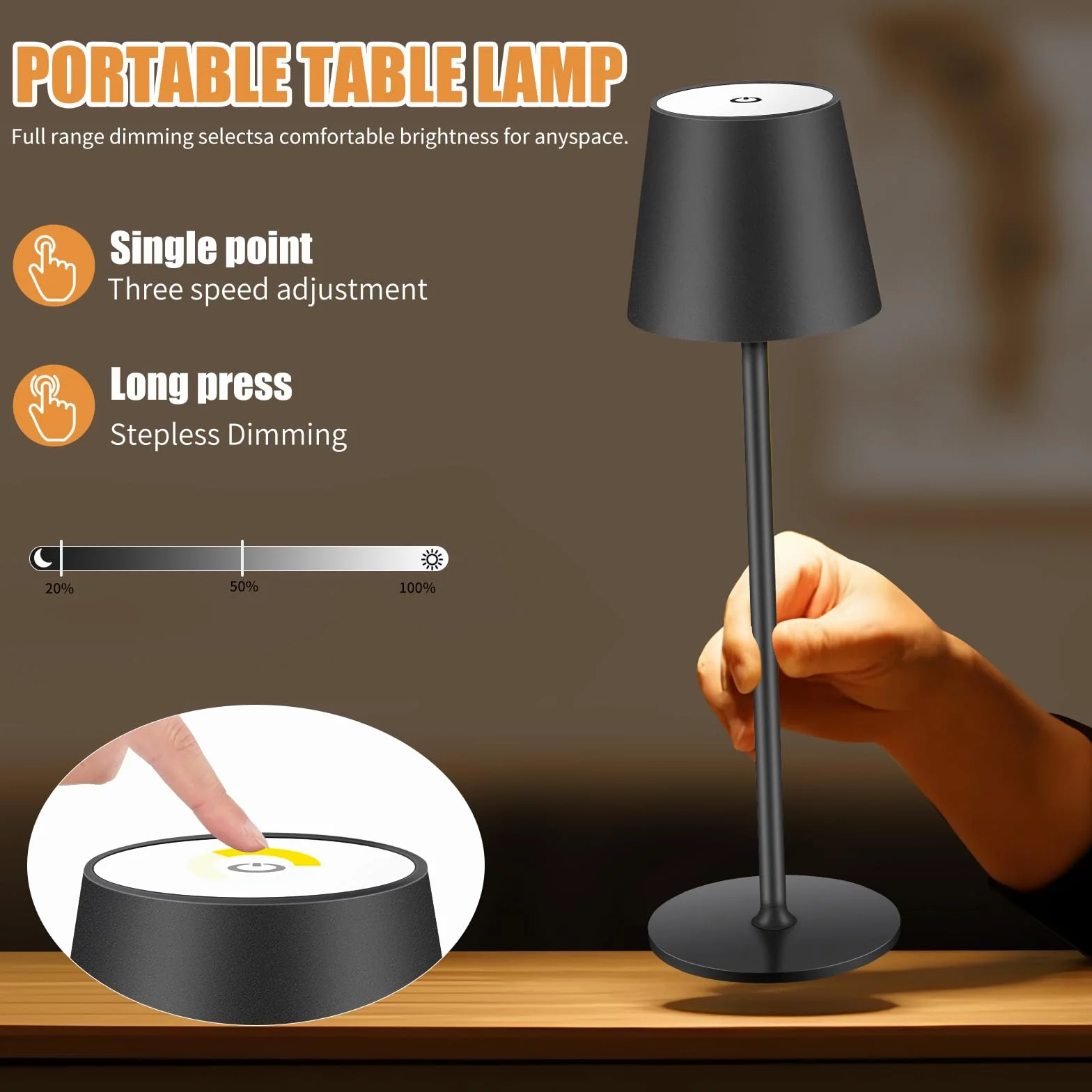 Lampa stołowa, bezprzewodowa, ściemniana, z akumulatorem LED, 3 temperatury barwowe, bezstopniowe ściemnianie, dotykowa lampa z USB-C do ładowania, na zewnątrz, stolik nocny, stół jadalny