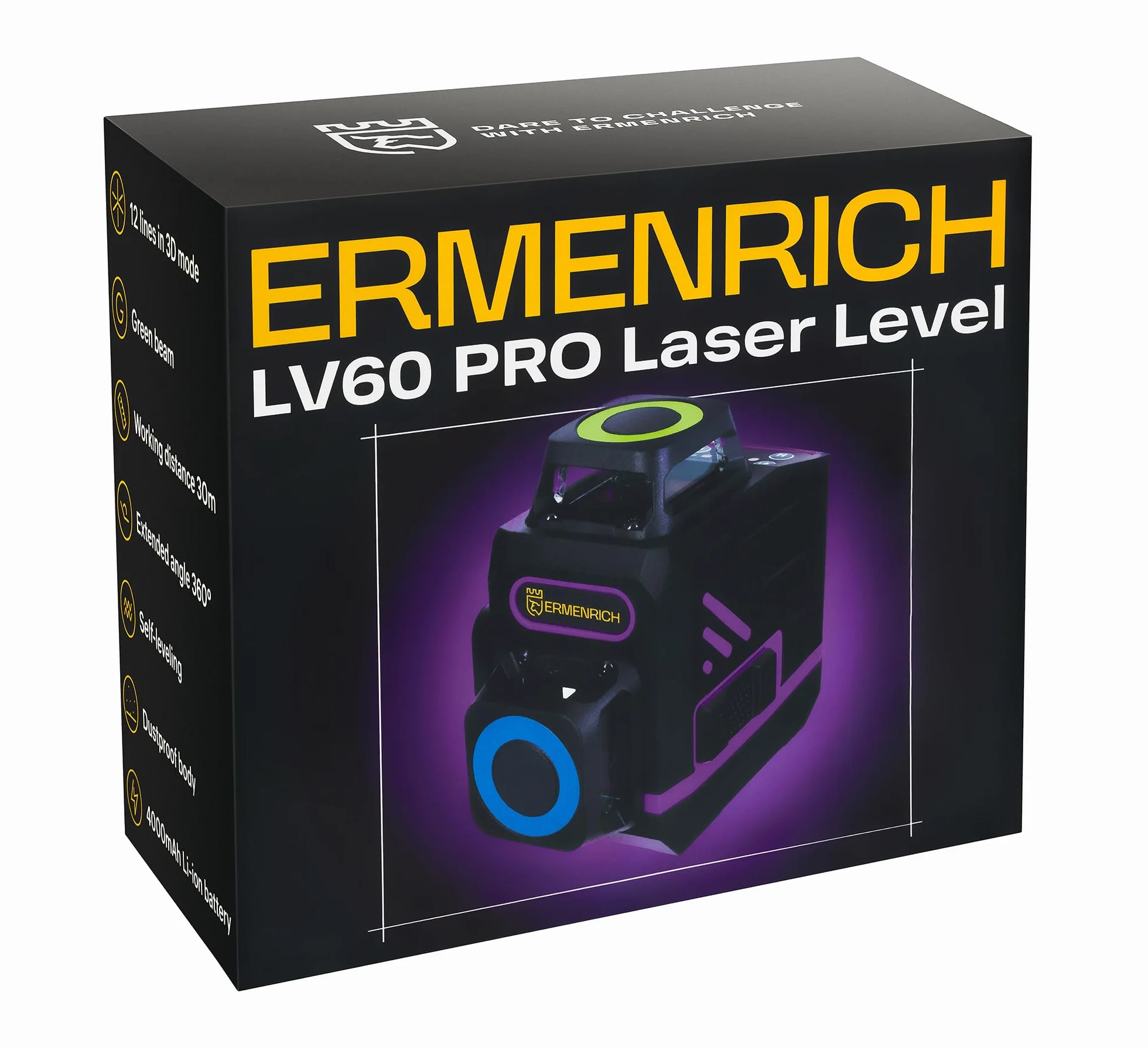 PRO LV60 Samopoziomujący Poziomica Laserowa Tryb Impulsowy 30 m 3D 12 Linii — 360° — IP54 Pilot Zdalnego Sterowania Wbudowany Kompensator Podstawa Statyw Uchwyt Typu C W Zestawie
