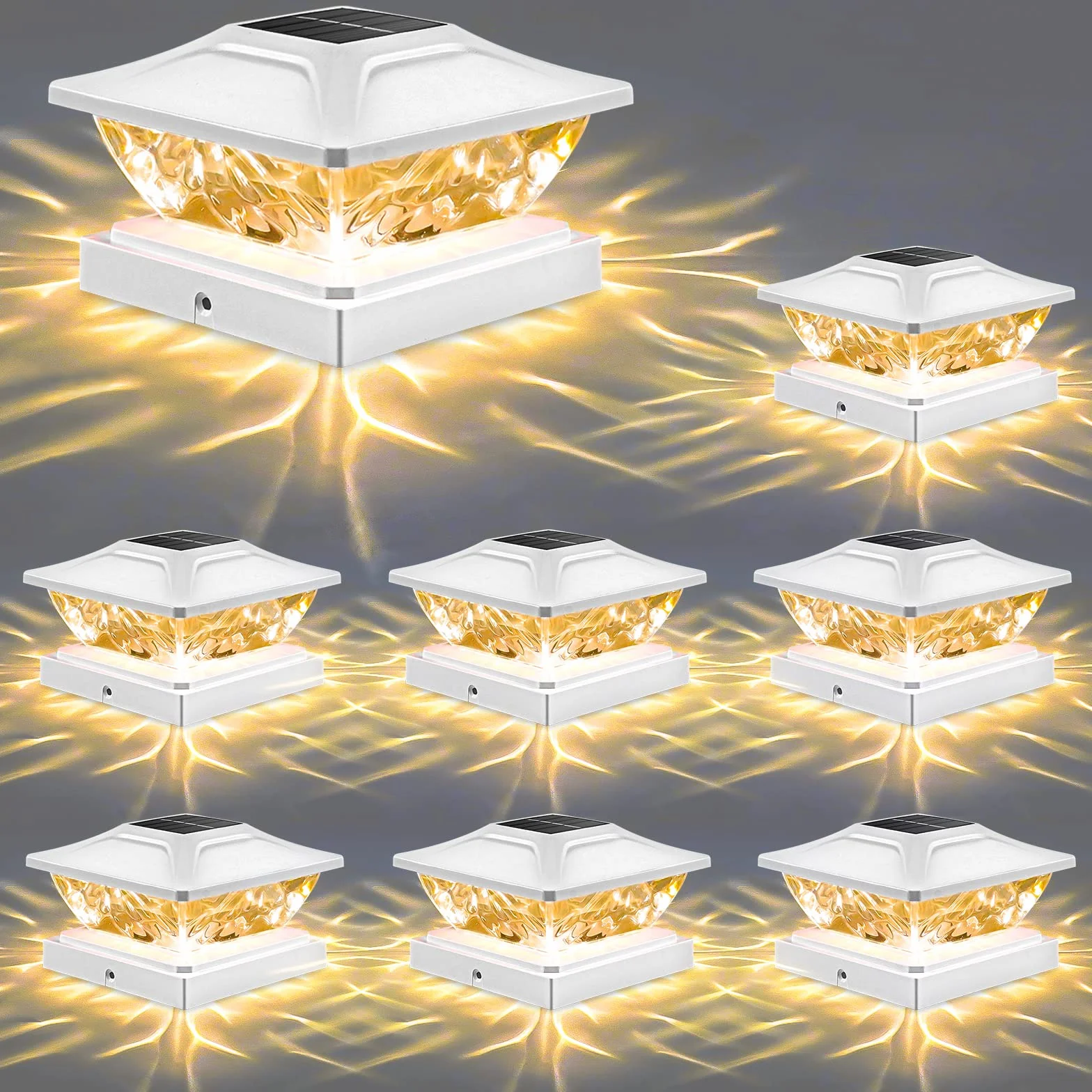 8 szt. solarnych lamp solarnych LED, 2 tryby świecenia, drewniane słupki, 3,5 x 3,5, 4 x 4,5 x 4,5 x 4,5, 5 x 5, wodoszczelne, IP65, do ogrodu, ganku, tarasu, schodów