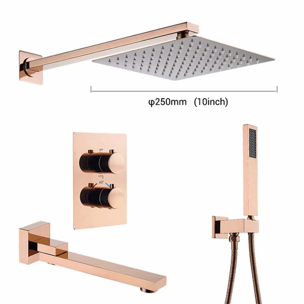 Wbudowana bateria prysznicowa z termostatem, bateria prysznicowa w kolorze różowego złota, system miksera, 20-25 cm, deszcz, bateria umywalkowa, zestaw ciepłej i zimnej wody z Sh