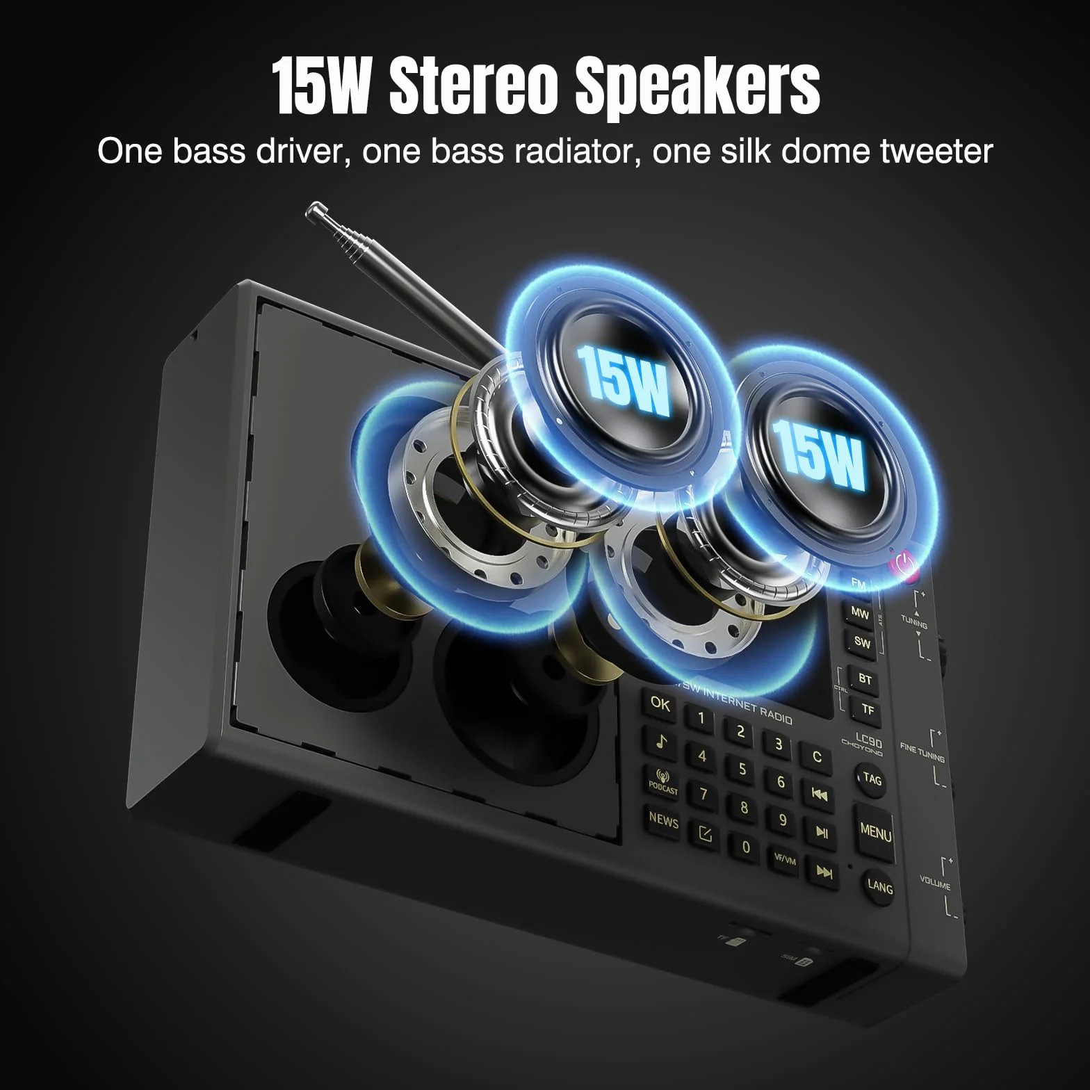 CHOYONG LC90 Radio internetowe Wi-Fi / 4G, przenośne, FM/LW/MW/SW, z akumulatorem 5000 mAh, 40 tys. stacji radiowe, głośnik BT, budzik, głośniki stereo 15 W, obsługa karty TF