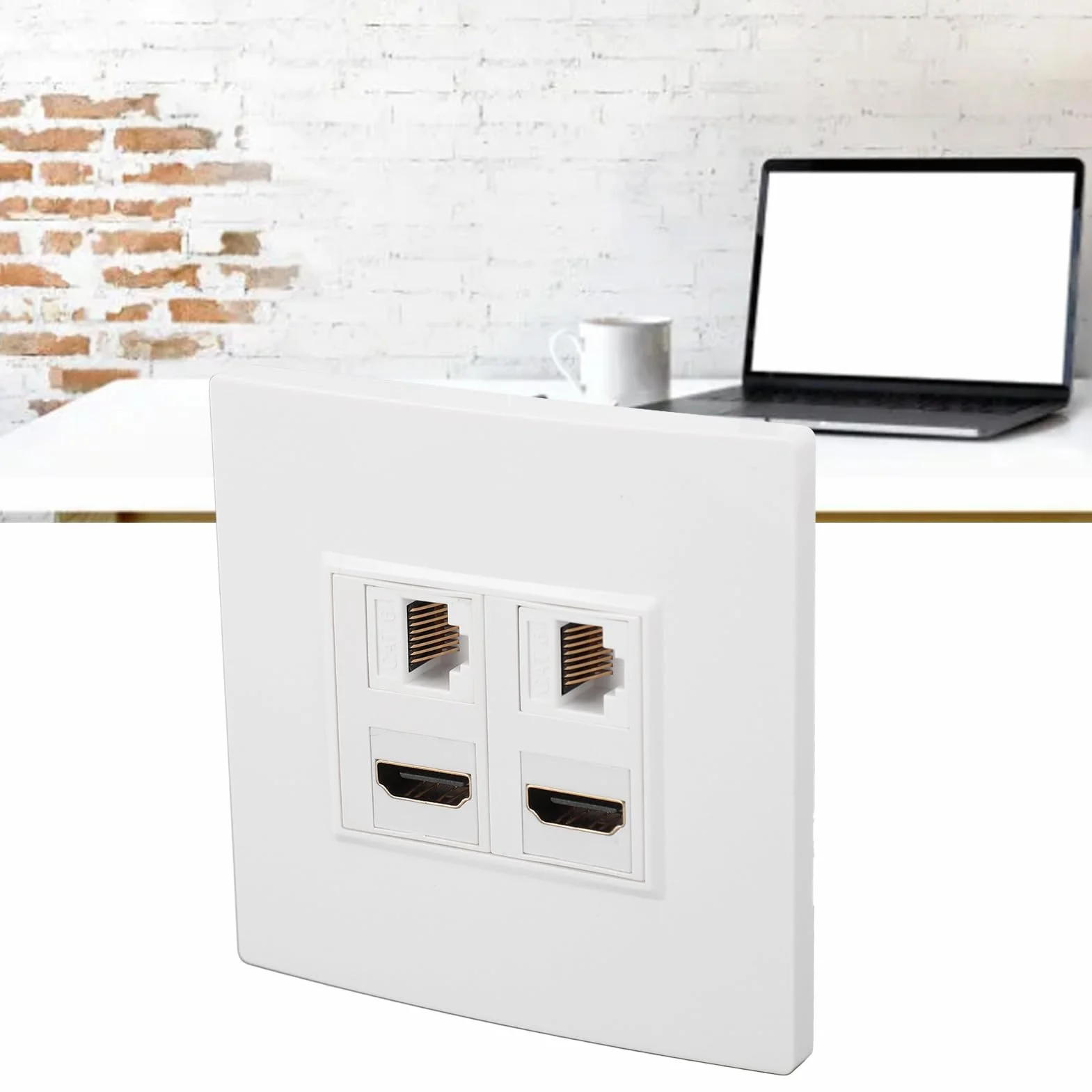 Płyta ścienna HDMI CAT6 Ethernet, 4-portowy Multimedialny Panel Informacyjny, 2 Złącza HDMI 2 CAT6, do Komputerów, Telewizorów, Dysków Twardych, Projektorów, Pasuje do